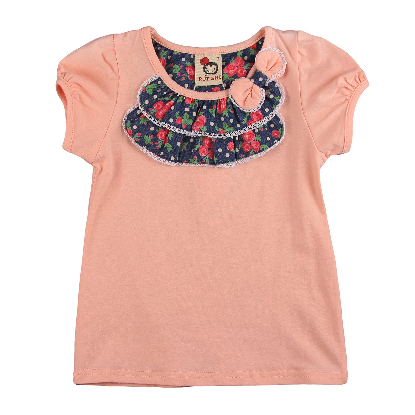 Richie House Girls' Peach Blouse with Rose Denim & Lace Collar - Cute Floral Top for School, Parties & Special Occasions
