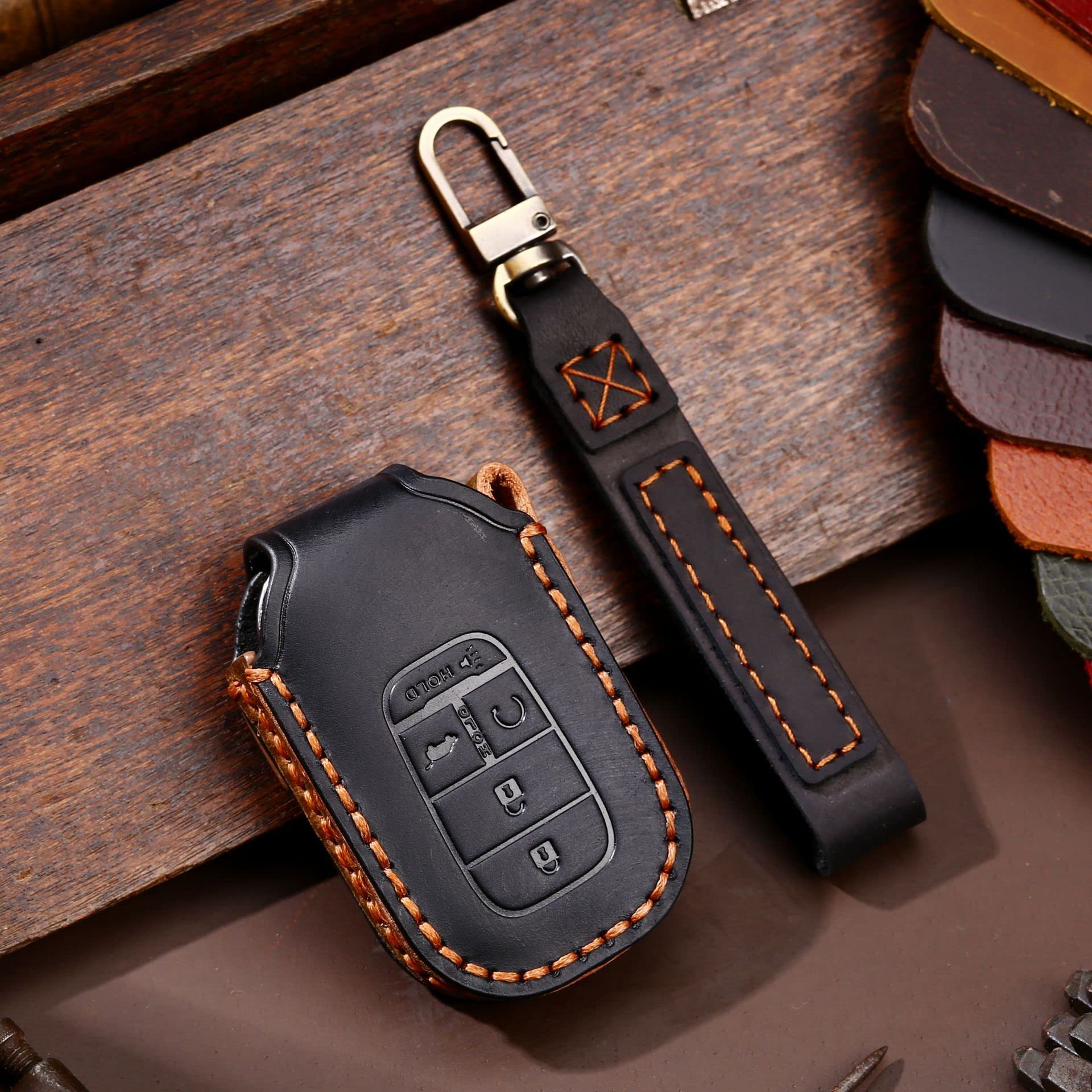 ontto Genuine Leather 5-Button Car Key Cover with Keychain - Stylish Key Fob Case Compatible with Honda Civic & Accord 2022 (Black) - Premium Protection for Your Vehicle Remote | Perfect for Daily Use, Travel & Key Organization