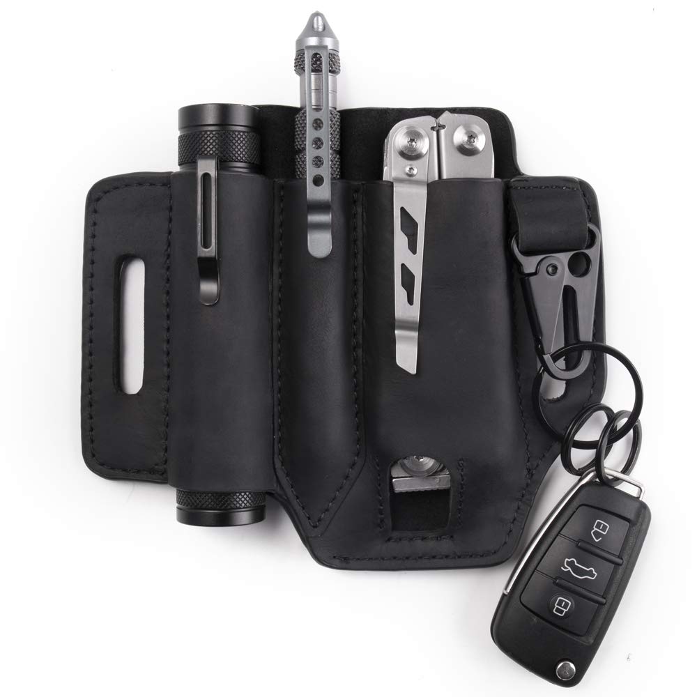 Gentlestache Leather Multitool Sheath for Belt - EDC Belt Organizer & Pouch with Elastic Pen Holder, Flashlight Holder & Keychain Clip - Perfect for Outdoor, Camping, Hiking & Everyday Carry (EDC) Accessories