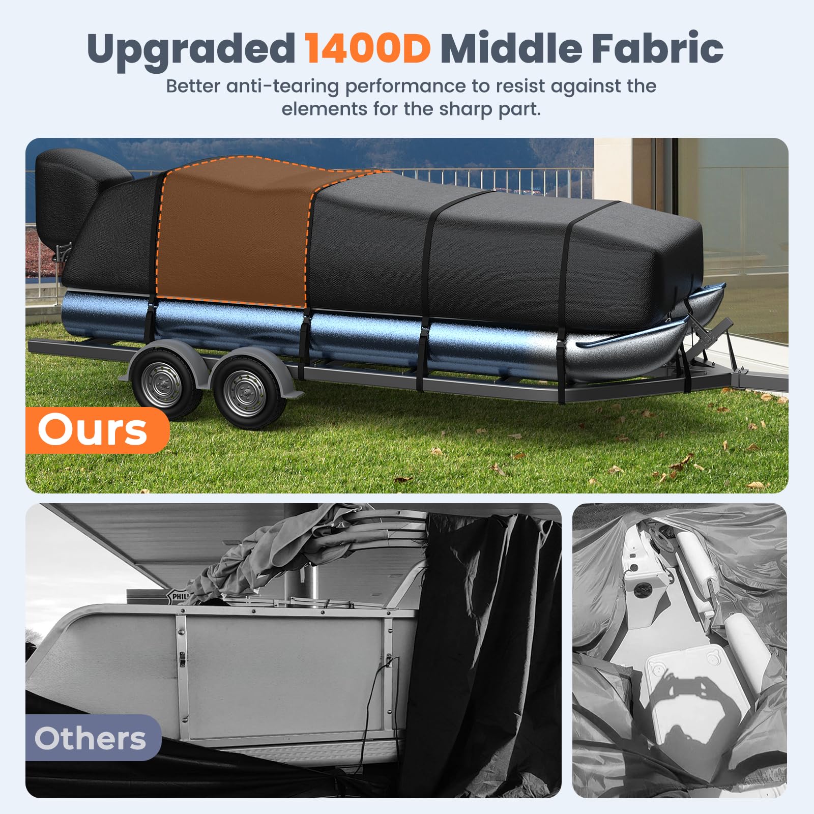 Heavy Duty 1400D Marine Grade Waterproof Pontoon Boat Cover with Motor Cover - Reinforced Middle for 21'-24' Length & 102