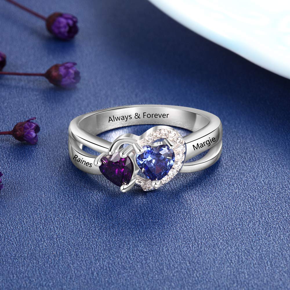 Promise Rings for Women - Personalized Love Heart Engagement Bands with 2 Simulated Birthstones & Custom Names - Perfect for Anniversaries, Valentine's Day Gifts & Romantic Proposals