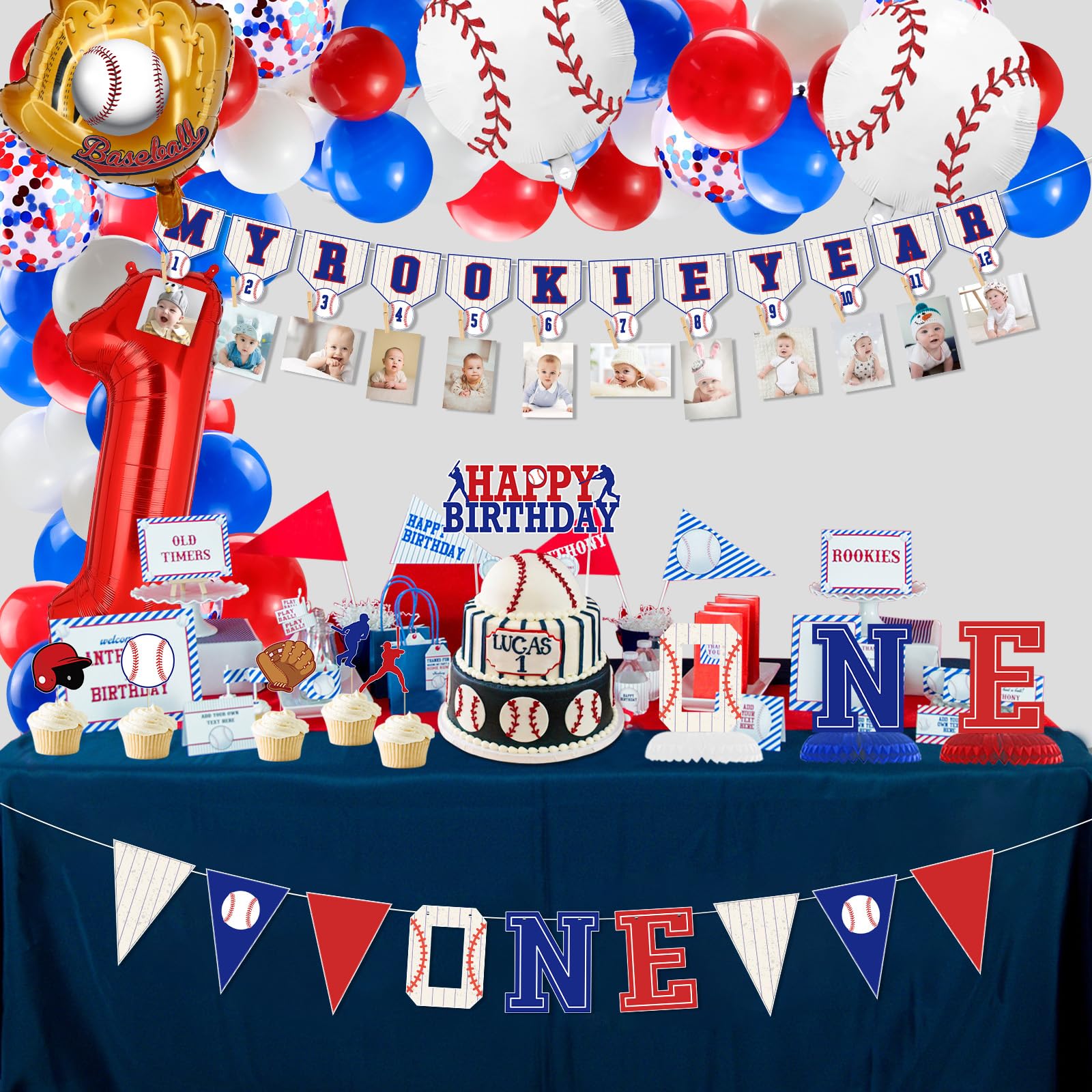 Baseball 1st Birthday Decorations - First Year Photo Banner & My Rookie Year Banner for Boys | Baby's First Birthday Party Supplies | Perfect for Baseball Theme Birthday Parties, Baby Showers & Milestone Celebrations