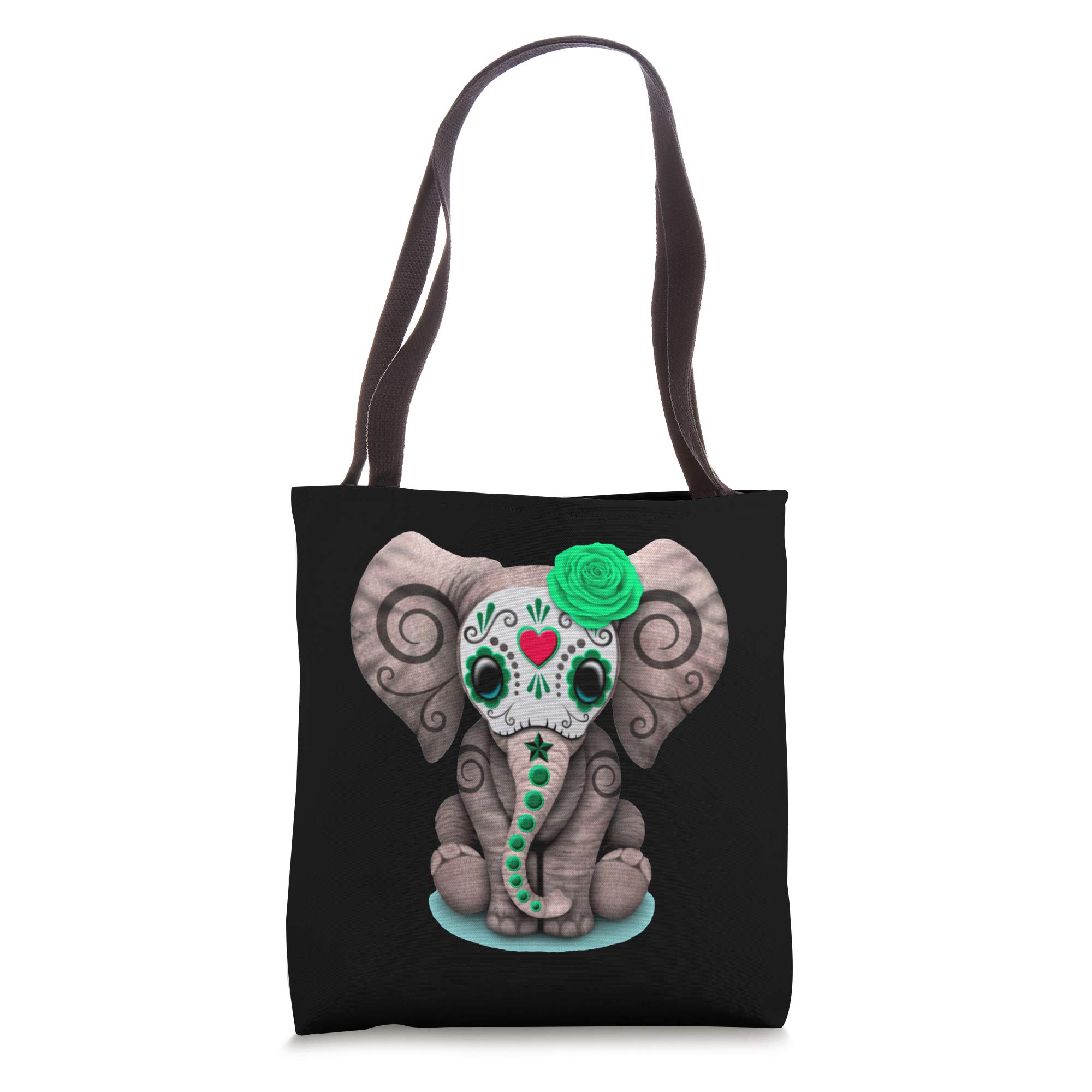 Day of the Dead Sugar Skull Green Rose Elephant Tote Bag - Perfect for Halloween Parties, Dia de los Muertos Celebrations & Everyday Use