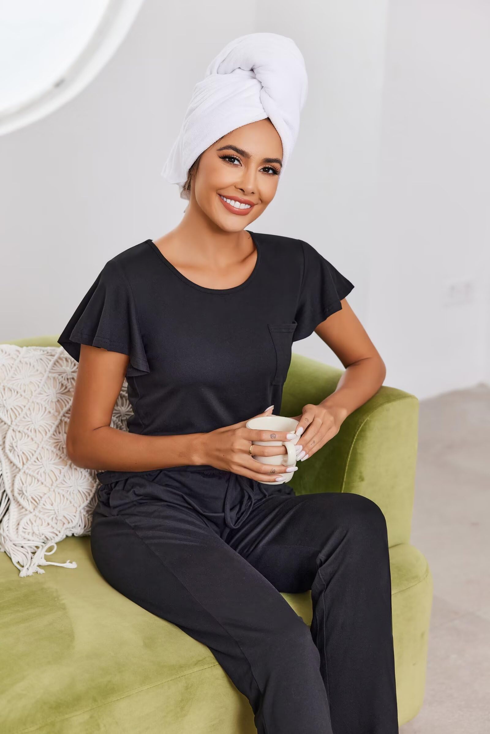 Ekouaer Women's Pajama Sets - 2 Pack Soft Short Sleeve Sleepwear with Long Pants, Printed Lounge Pajama Set with Pockets - Perfect for Sleep, Relaxing at Home & Lounging