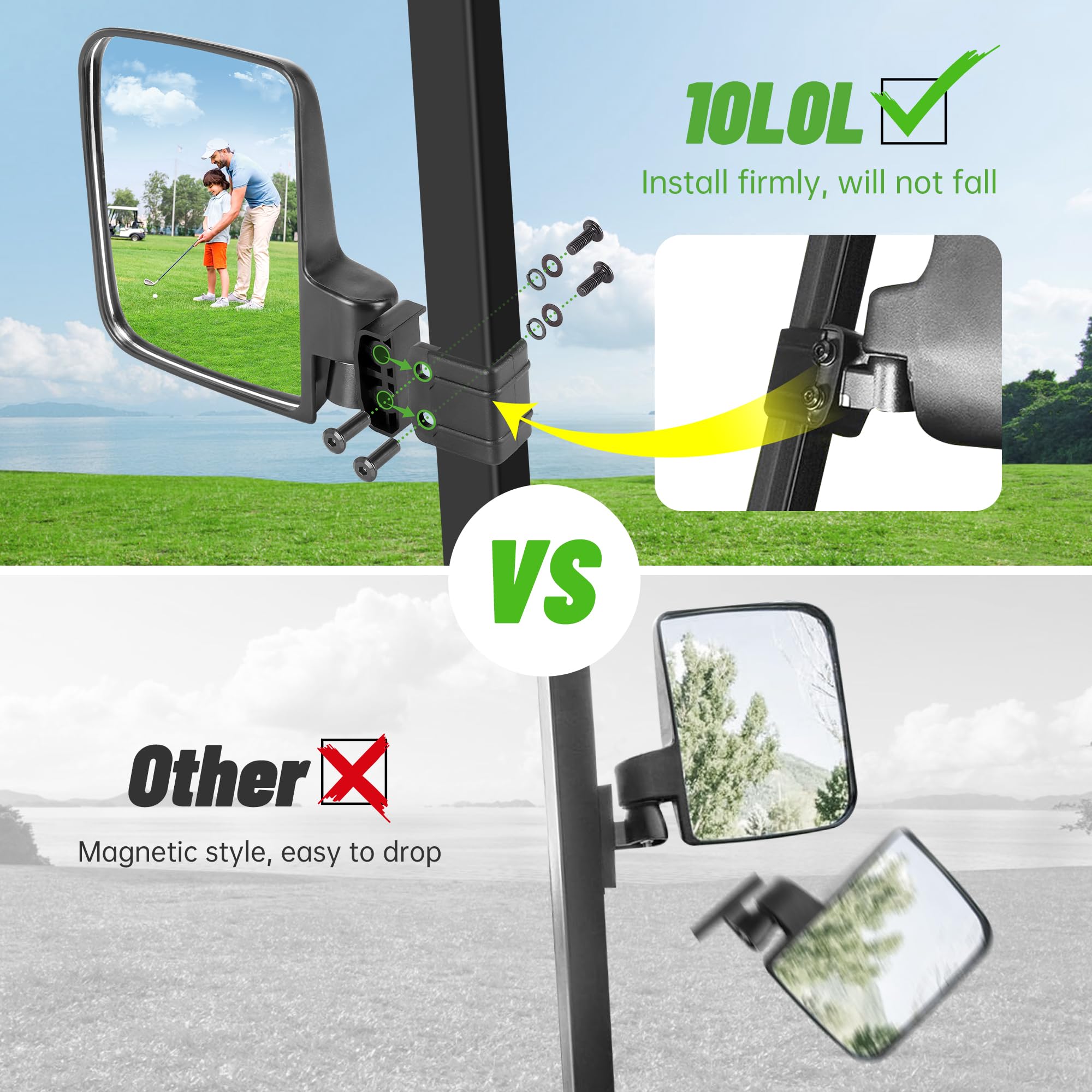 Universal Golf Cart Rear View Mirror - No Drilling Side Mirrors for Yamaha, EZGO & Club Car | HD Glass, 180° Adjustable & Folding Design | Perfect for Golf Courses, Resorts & Gated Communities