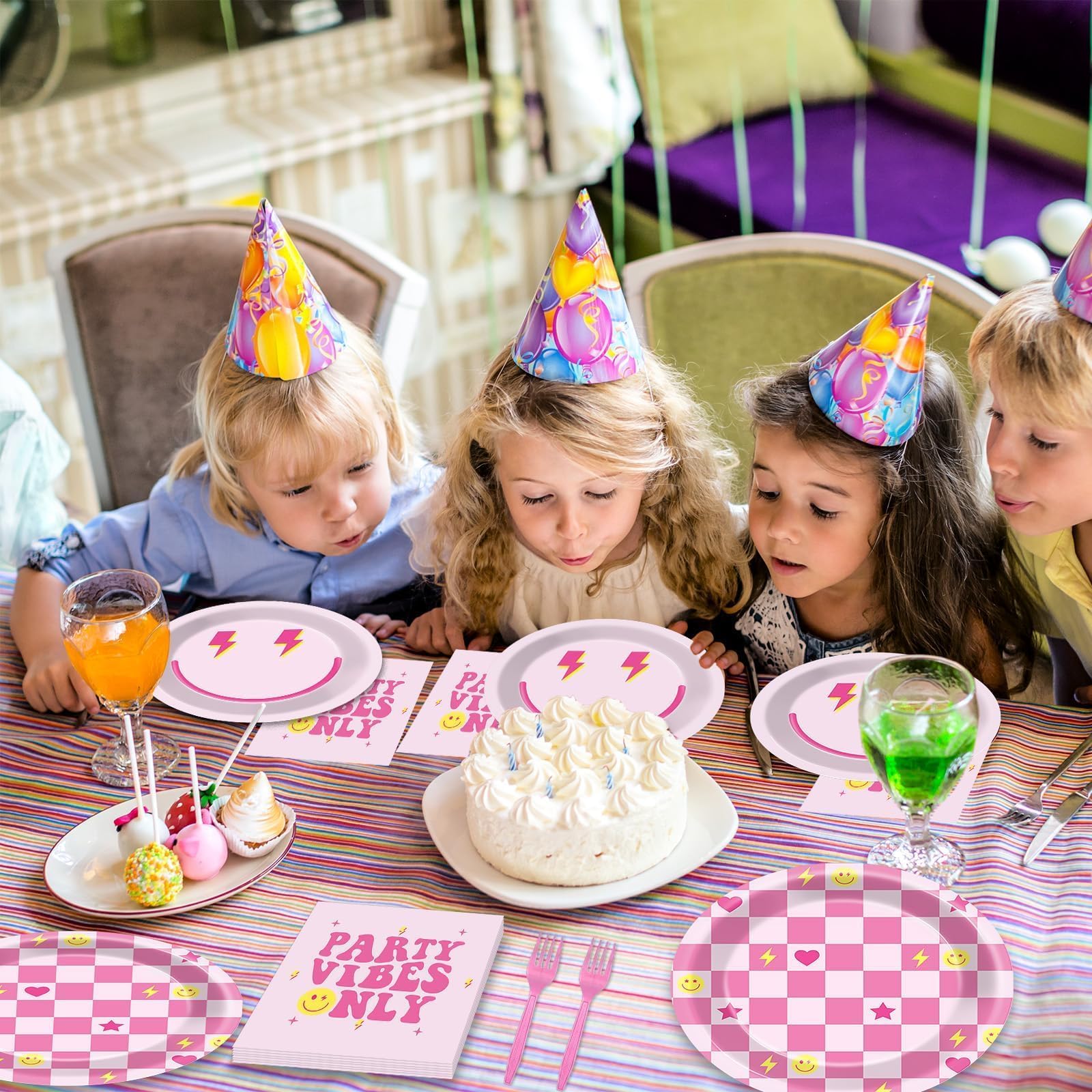 96Pcs Pink Smile Face Paper Plates & Napkins Set - Preppy Party Supplies for Birthday, Baby Shower, Bridal Shower - Disposable Tableware for Decorations & Serving 24 Guests - Fun Dinnerware for Celebrations & Special Events