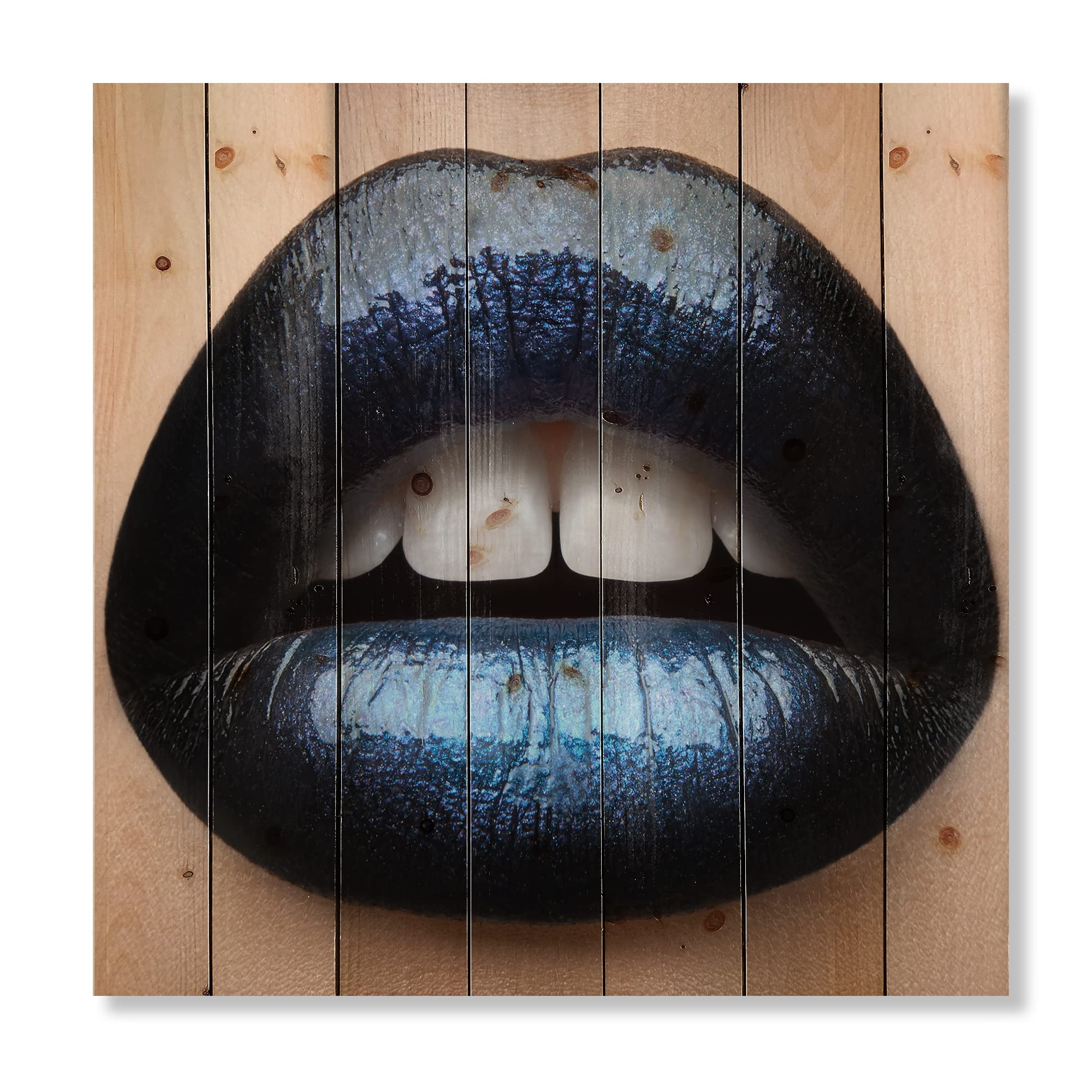 Modern Blue & Black Lipstick Wood Wall Art - Contemporary Lips Design for Women - Large Pine Wood Wall Decor Panels - Perfect for Living Room, Bedroom & Office Decor