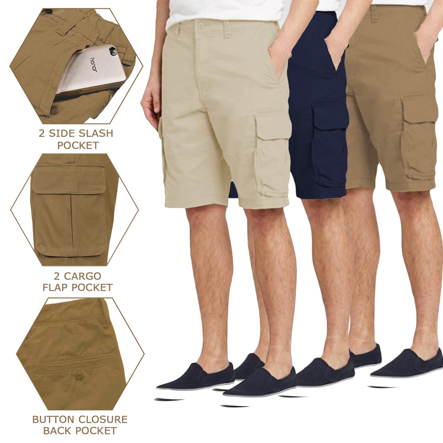 Harvic Men's Cotton Stretch Cargo Shorts with Belt & Multi-Pockets - 3 Pack Casual Shorts for Outdoor, Travel & Summer Wear