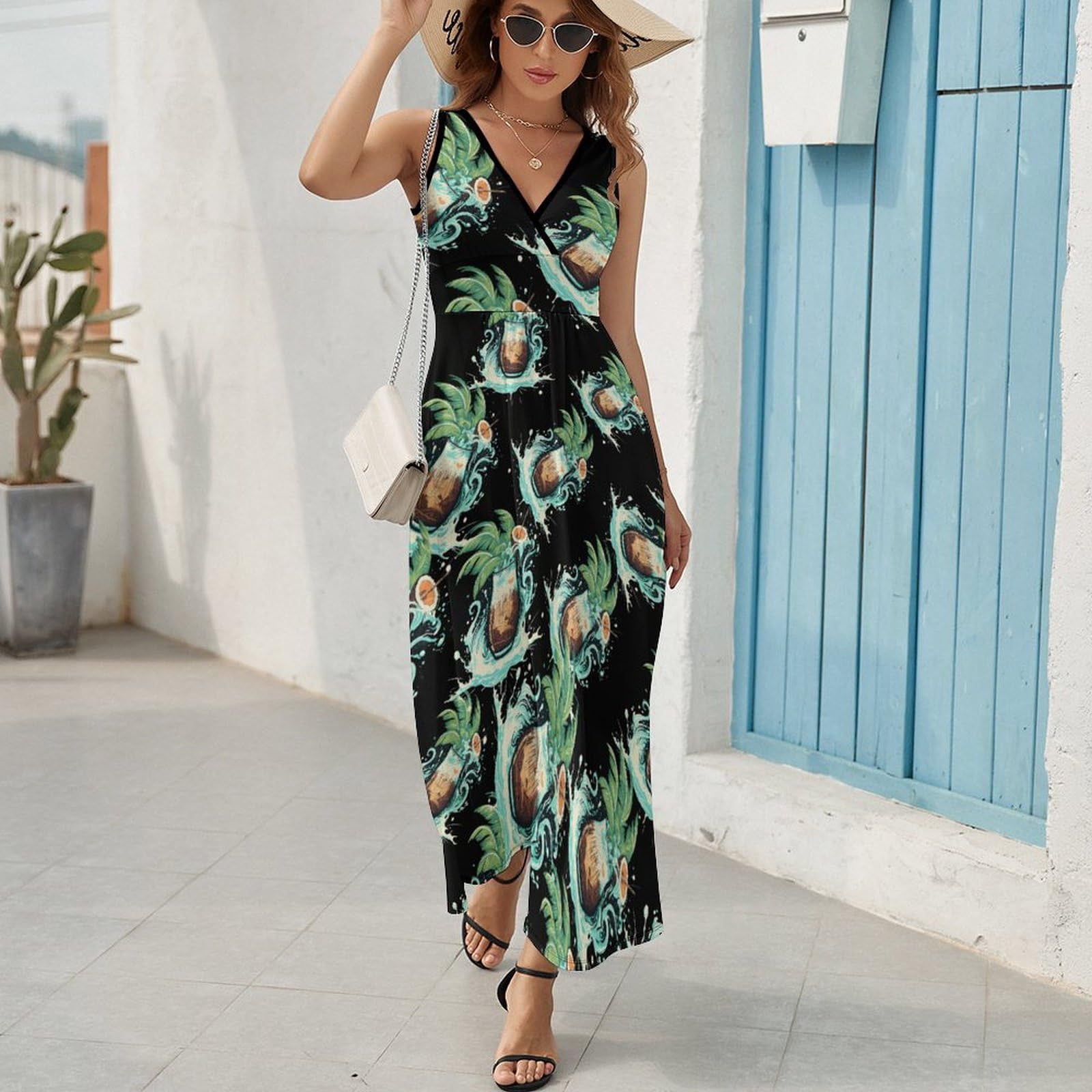 Women's Casual Sleeveless Loose Fit Palm & Coconut Print Maxi Sundress - Perfect for Beach Vacations, Summer Outings, and Tropical Getaways
