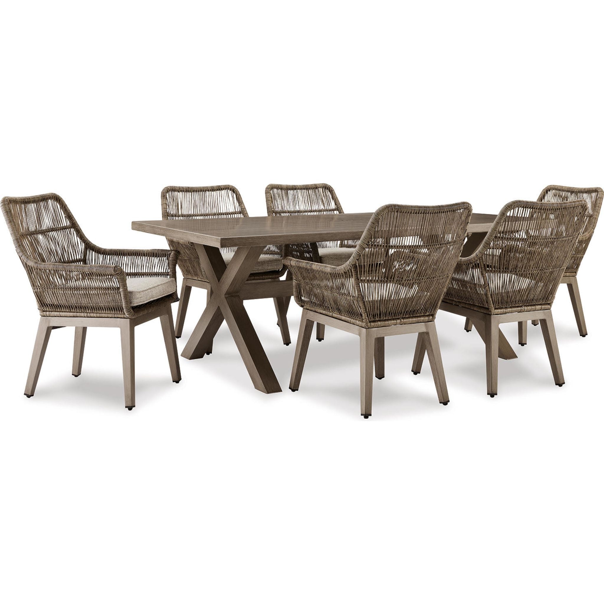 7-Piece Beige Outdoor Dining Set for Beachfront & Patio - Waterproof Wicker Furniture for Coastal & Backyard Entertaining