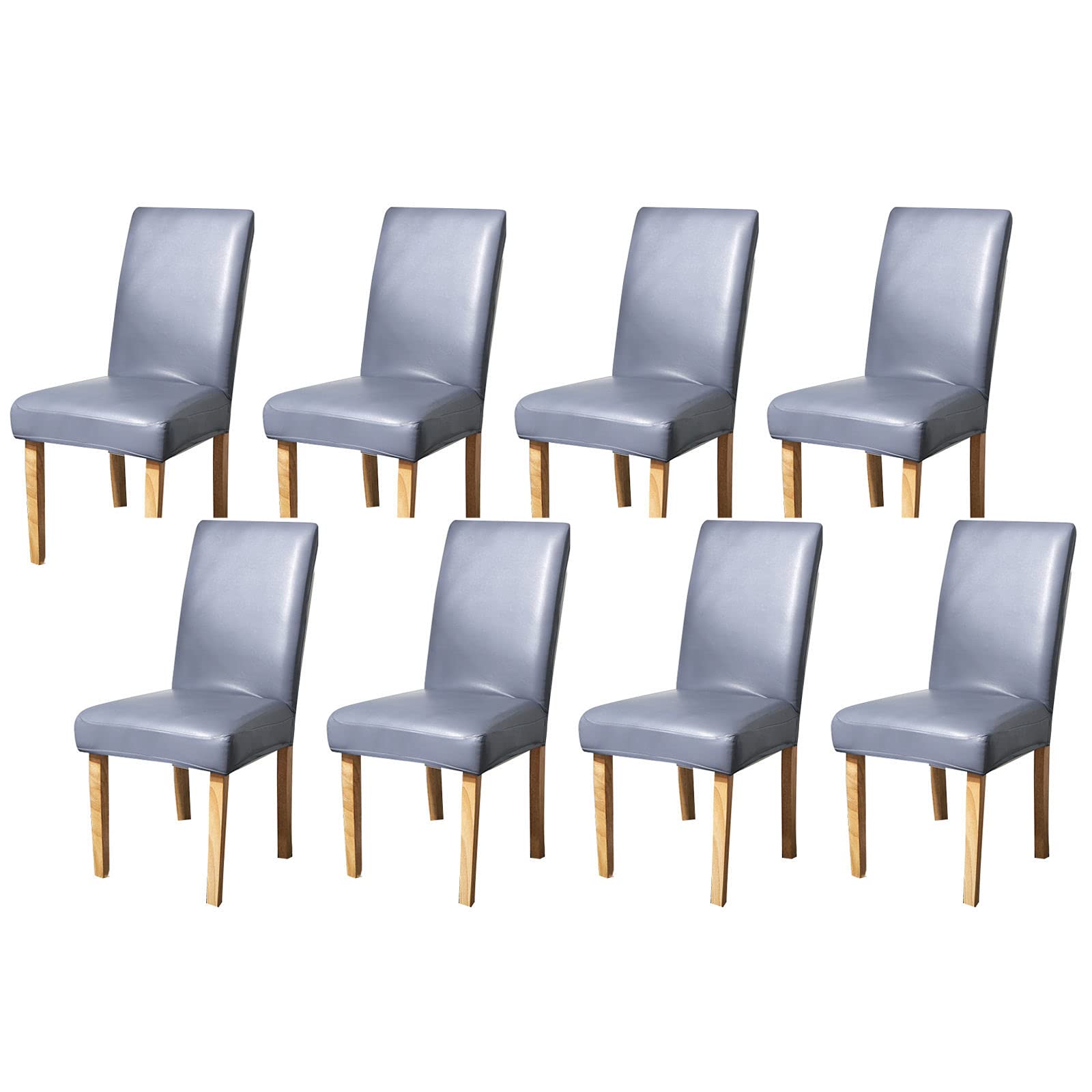 Stretch PU Waterproof Dining Chair Covers - Elastic Washable Chair Slipcovers for Kitchen, Dining Room, Office - Set of 8 (Grey) | Spill Protection & Furniture Protection