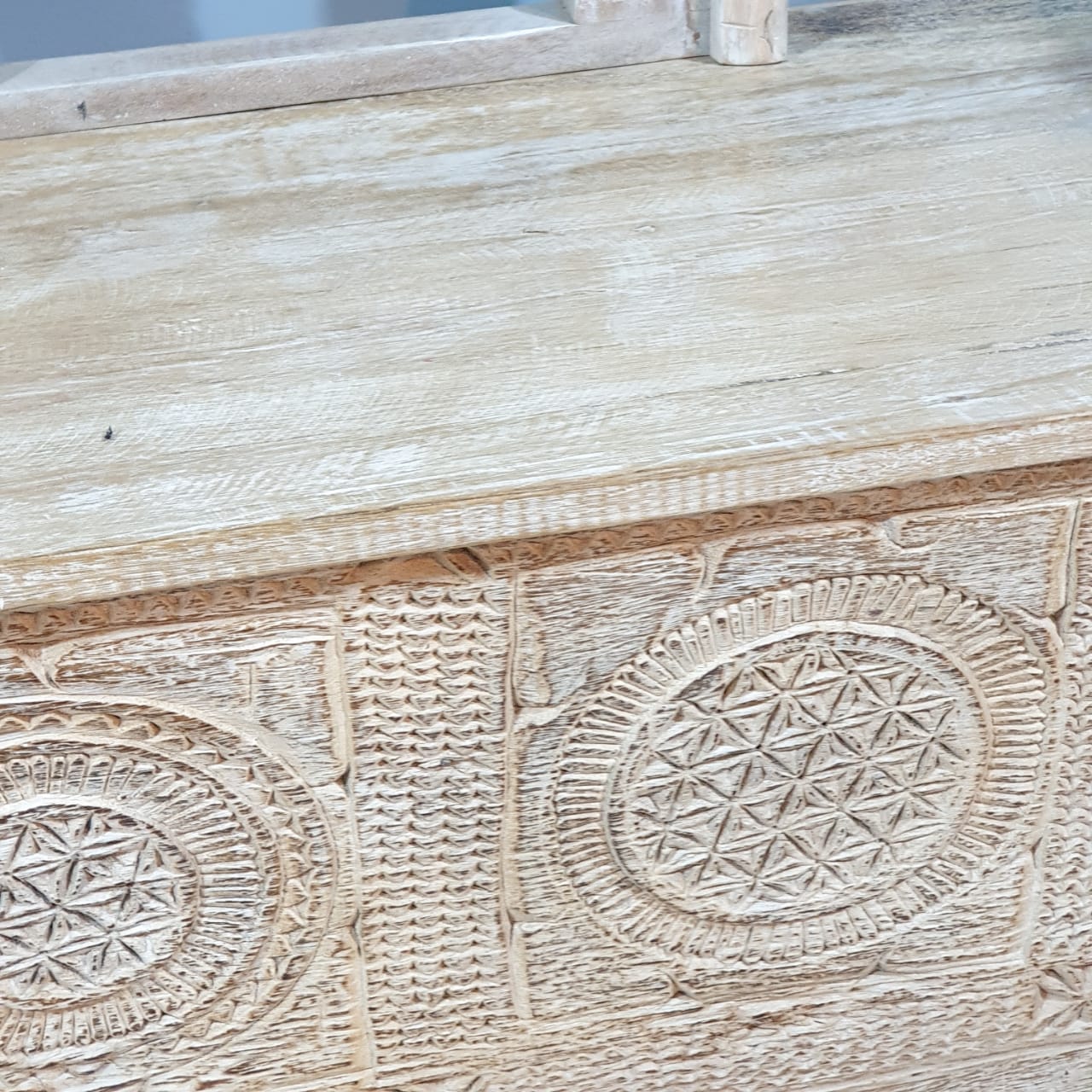 Handmade Carved Solid Hardwood Console Table 152x45x92cm Whitewashed - Entryway Sofa Table, Hallway Furniture, Farmhouse Living Room Decor