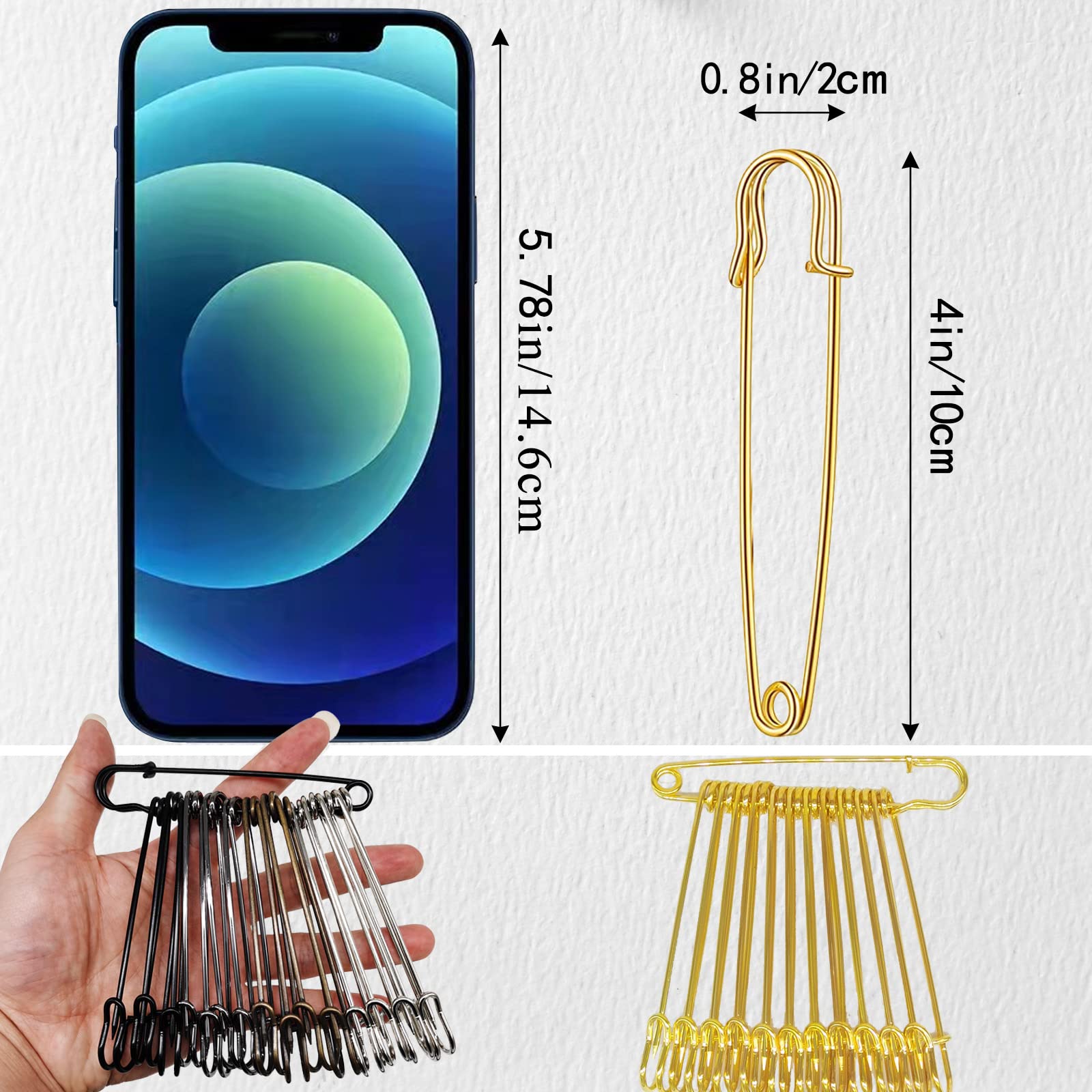 4 Inch Large Safety Pins (15 Pack) - Heavy Duty Gold Pins for Clothes, Leather, Canvas, Blankets, Crafts, Skirts & Kilts | Perfect for Sewing, DIY Projects, Emergency Repairs & Costume Making