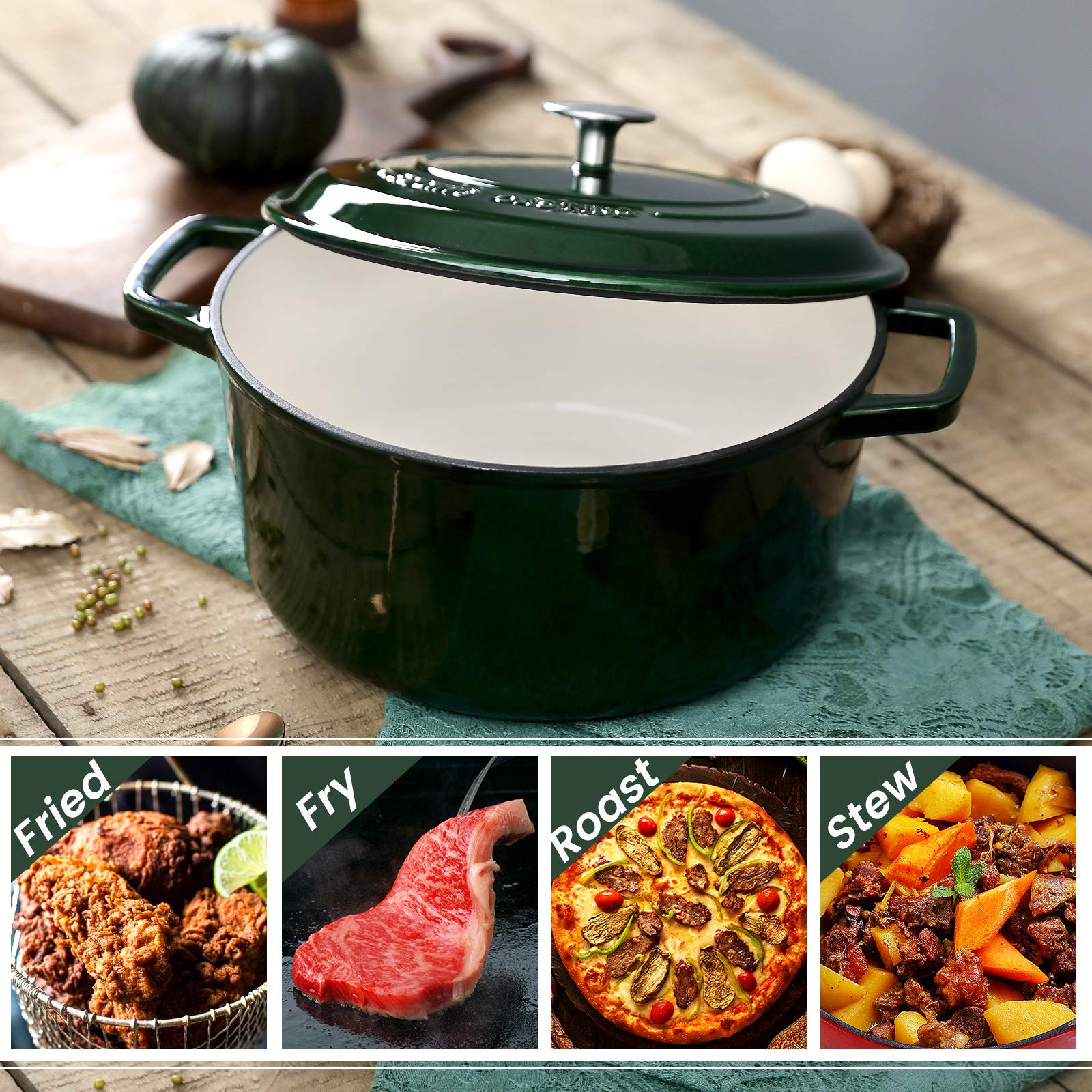 **6 Quart Enameled Cast Iron Dutch Oven with Lid – Green Round Pot for Sourdough Bread Baking, Braising, Stewing & Camping – Dual Handles for Easy Cooking**