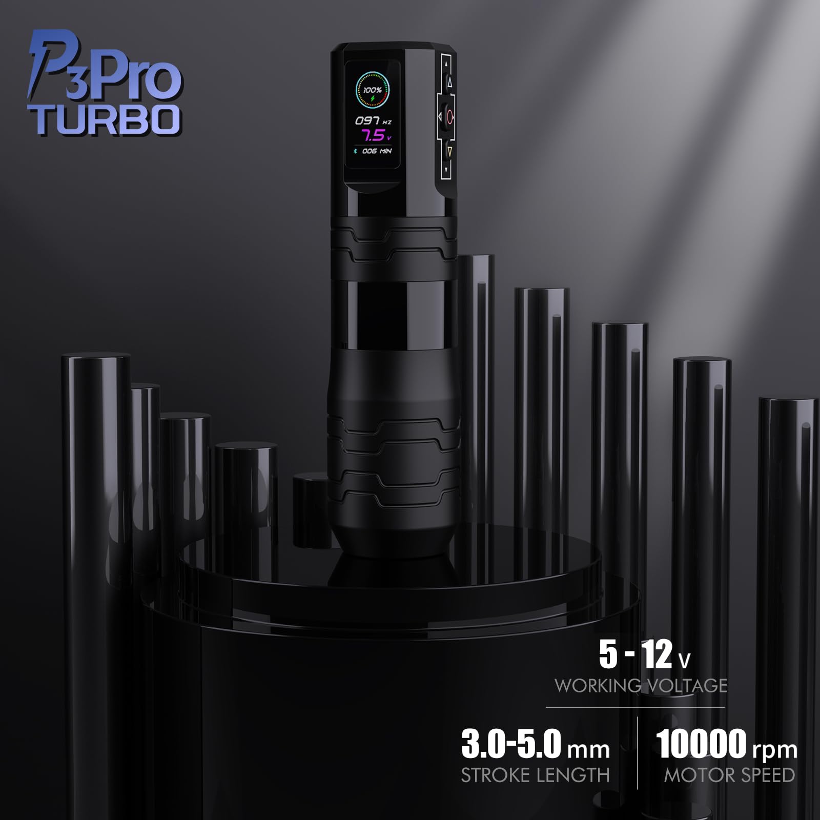 EZ Wireless Tattoo Machine - 5 Stroke Sizes (3.0-5.0mm), Bluetooth Tattoo Pen with OLED Display & 1600mAh Battery - Professional Tattoo Gun for Artists & Beginners - Perfect for Studio Work & Home Tattooing (P3 Pro Turbo Black)