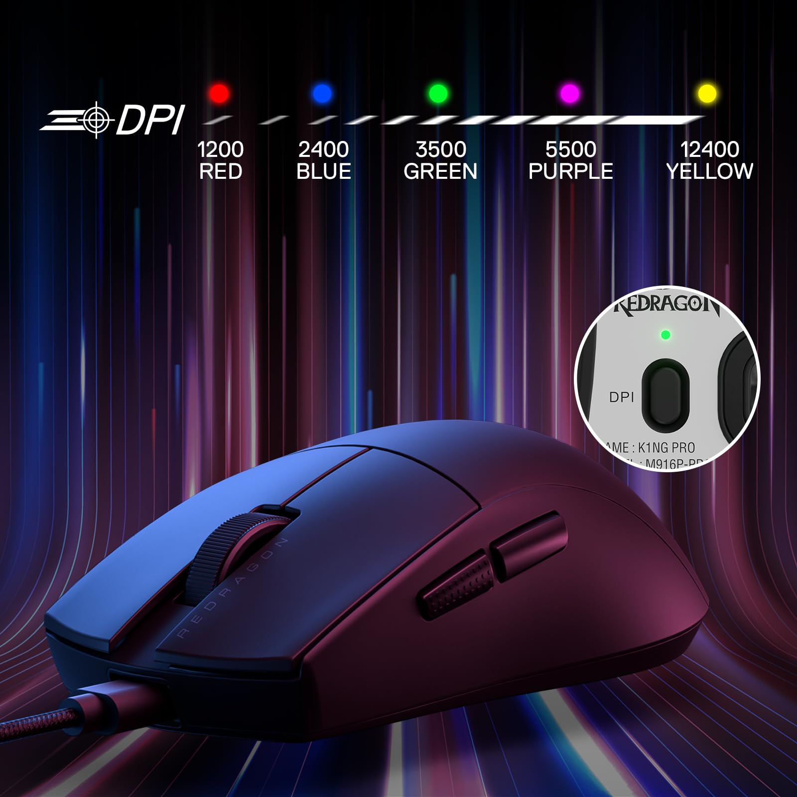 Redragon M724 Wired Gaming Mouse - 42G Ultra-Light Ergonomic Design, 12400 DPI Optical Sensor, 5 Programmable Buttons with Customizable Keybinds - Perfect for FPS, MOBA & PC Gaming (Black)