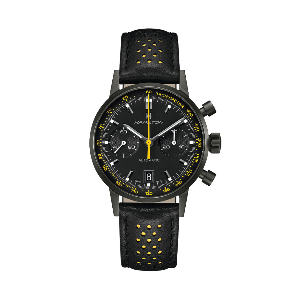American Classic Intra Matic Automatic Chronograph Watch 40mm - Black PVD Case with Genuine Leather Strap & Yellow Accents | Perfect for Business Meetings, Formal Events & Everyday Wear