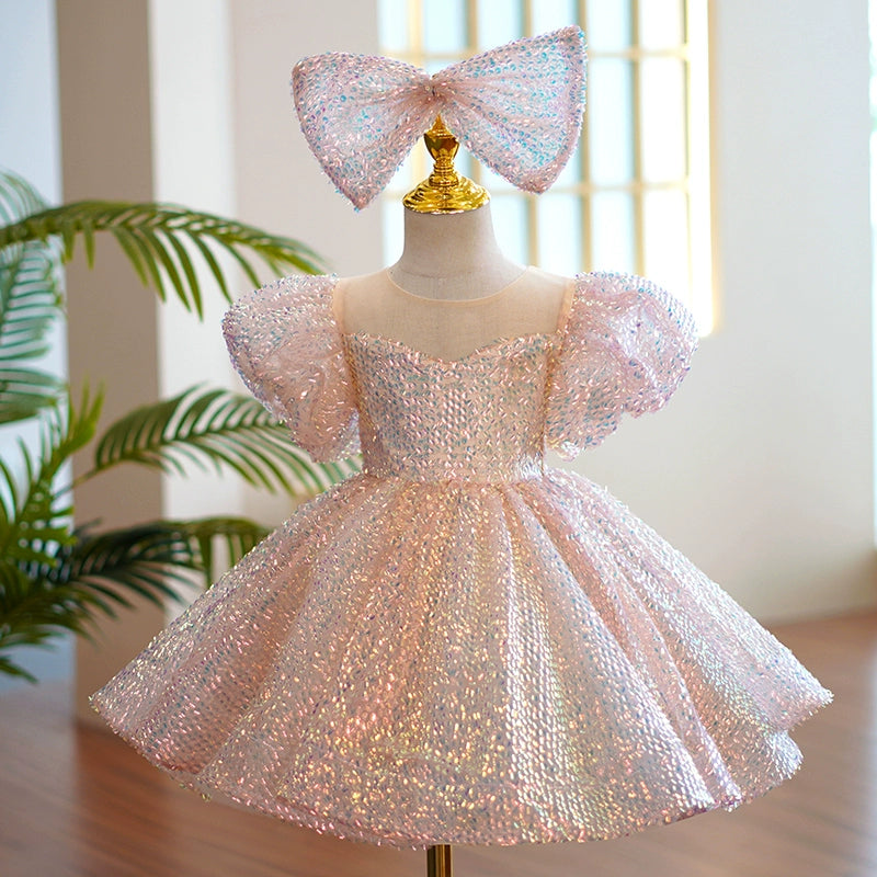 Pink Princess Round Tea Length Organza Flower Girl Dress for Weddings, Birthday Parties & Special Occasions