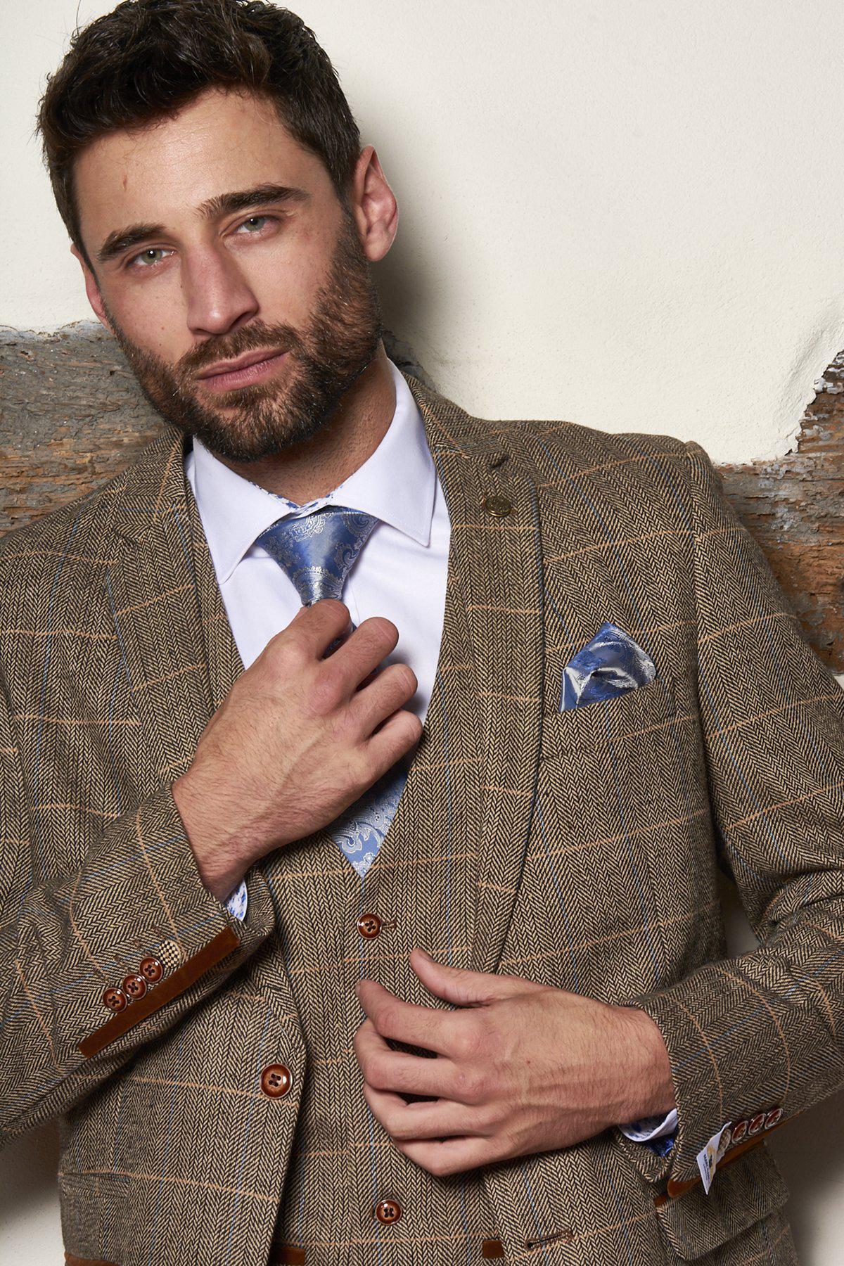 Stylish Men's TED Tan Tweed Check Three-Piece Suit Set - Perfect for Father & Son Matching Outfits, Weddings, and Formal Events
