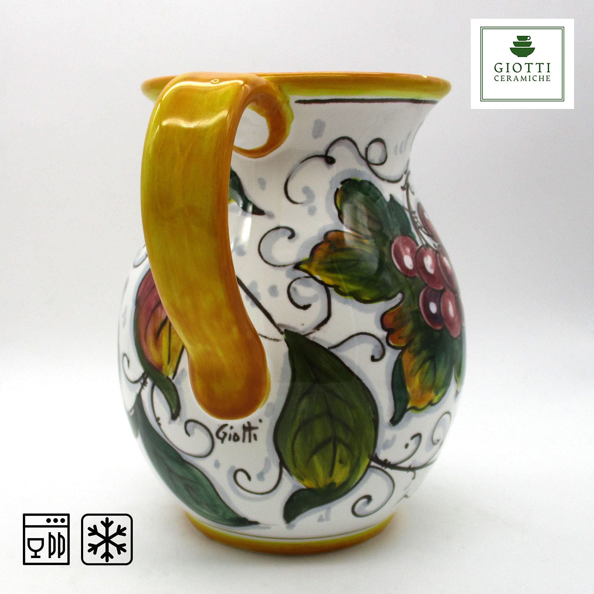 Italian Ceramic Pitcher with Mixed Fruits Design - 33 oz Hand-Painted Kitchen Carafe, Utensil Holder & Wine Dispenser - Tuscan Pottery Vase for Home Decor - Perfect for Dining Tables, Kitchen Countertops & Gift Giving