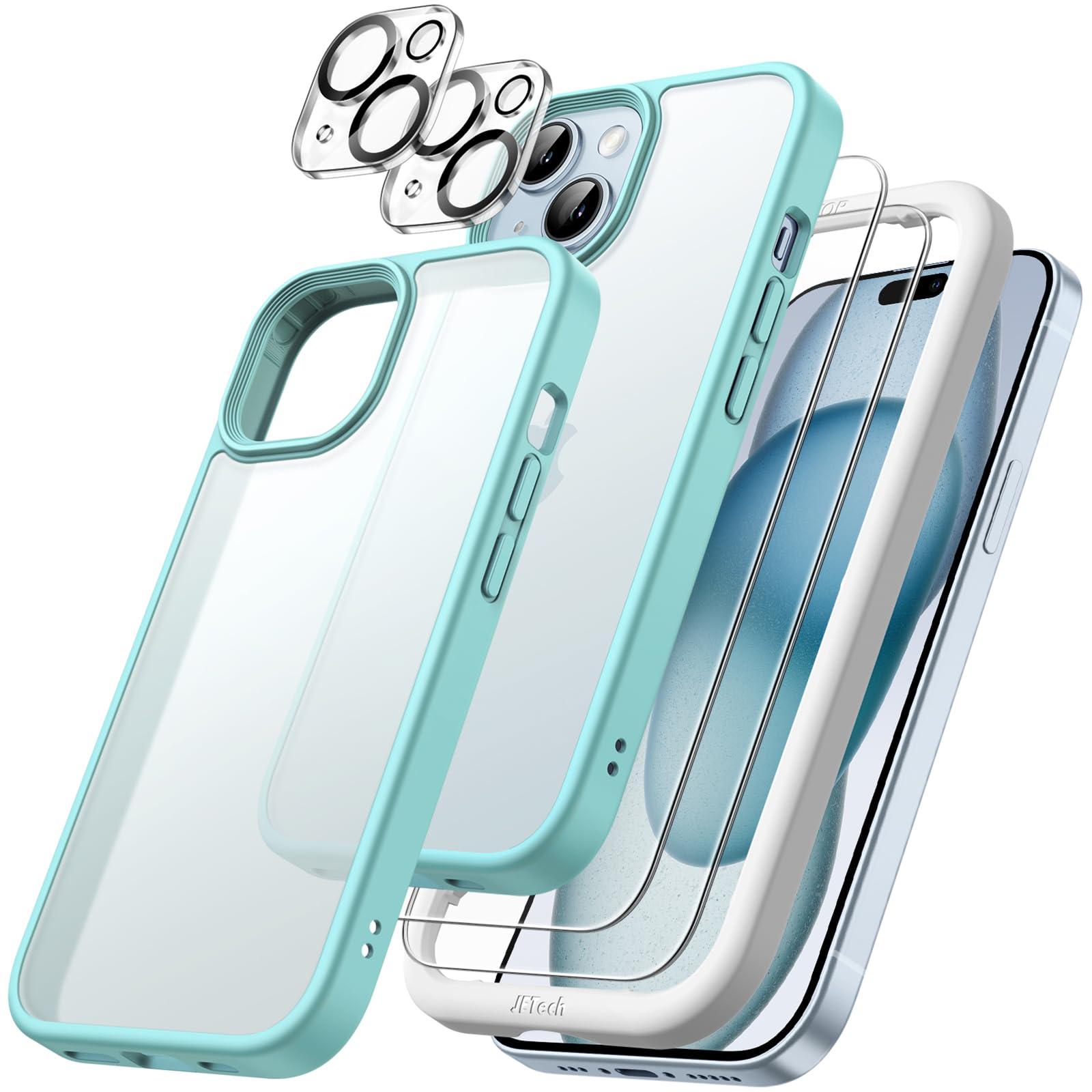 JETech 5-in-1 Matte Shockproof Case for iPhone 15 Plus 6.7-Inch with 2-Pack Tempered Glass Screen Protector & Camera Lens Protector - Translucent Back Cover (Bright Blue) | Premium Protection for Work, Travel & Outdoor Activities