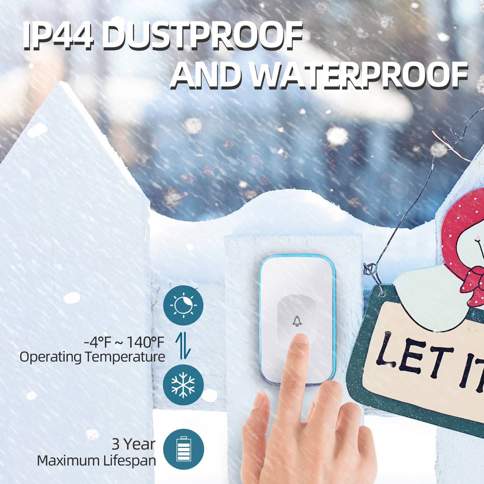 Wireless Doorbell with 36 Melodies & LED Light - 1200ft Range, Battery Operated, Portable Chime for Home, Office, Hearing Impaired - Easy Installation & Adjustable Volume (1 Button + 1 Receiver, White) - Perfect for Apartments, Houses, Elderly & People with Disabilities