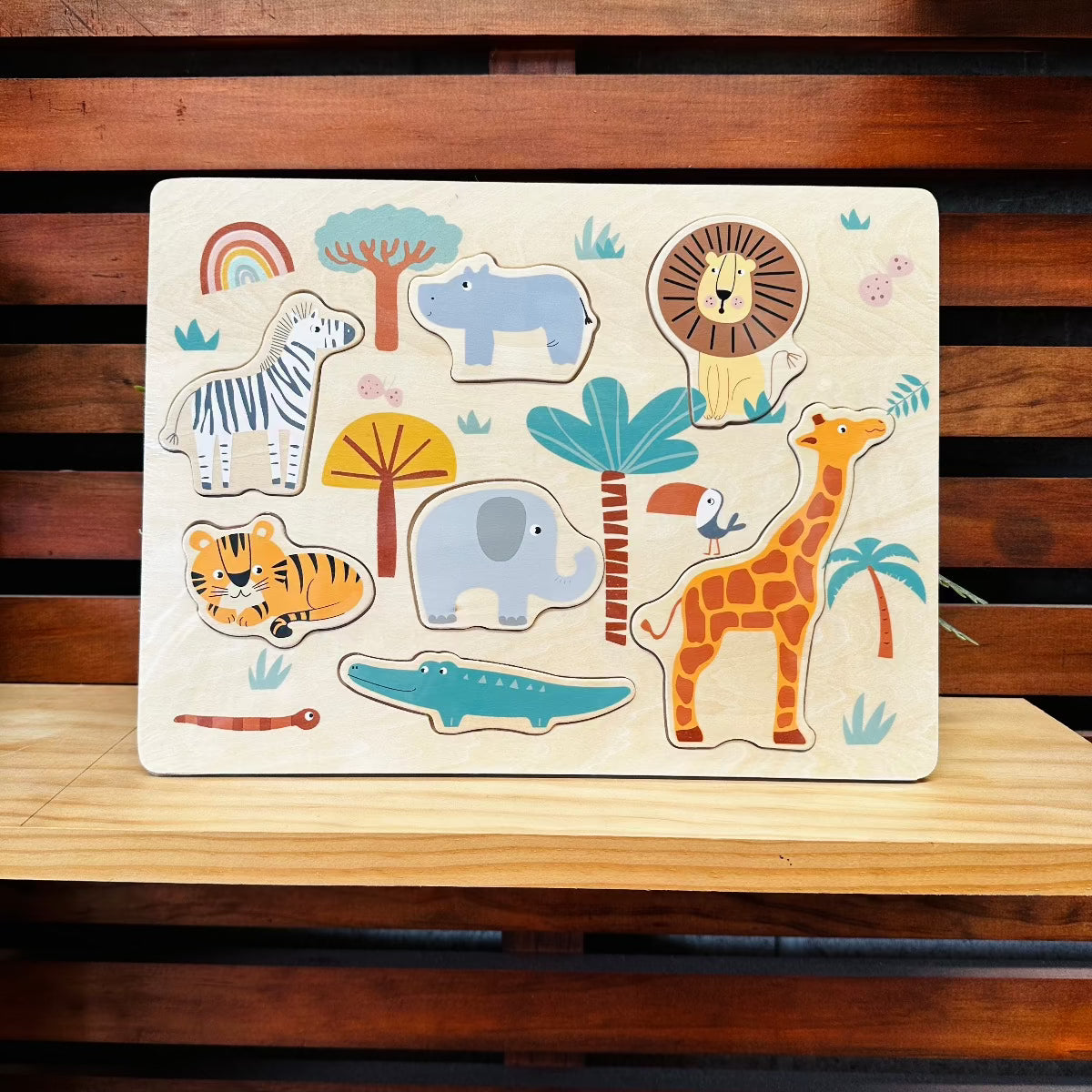 Wooden Safari Toddler Puzzle - Animal Learning Toy for Kids Ages 1-3 - Montessori Educational Wood Puzzle for Early Childhood Development - Perfect for Playtime, Gifts & Classroom Activities