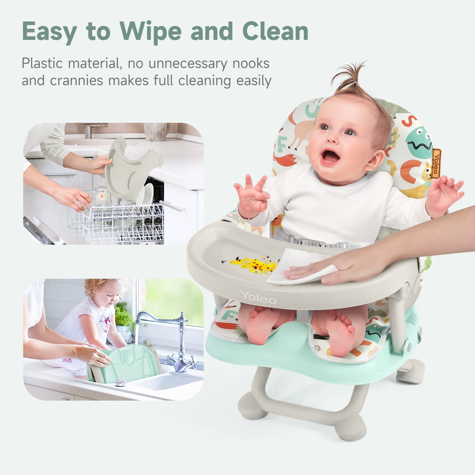 YOLEO Adjustable Baby Booster Seat with Removable Tray - Portable Foldable High Chair for Toddlers & Infants - Easy to Clean Travel Dining Seat for Home, Restaurant & Outdoor Use (Green)