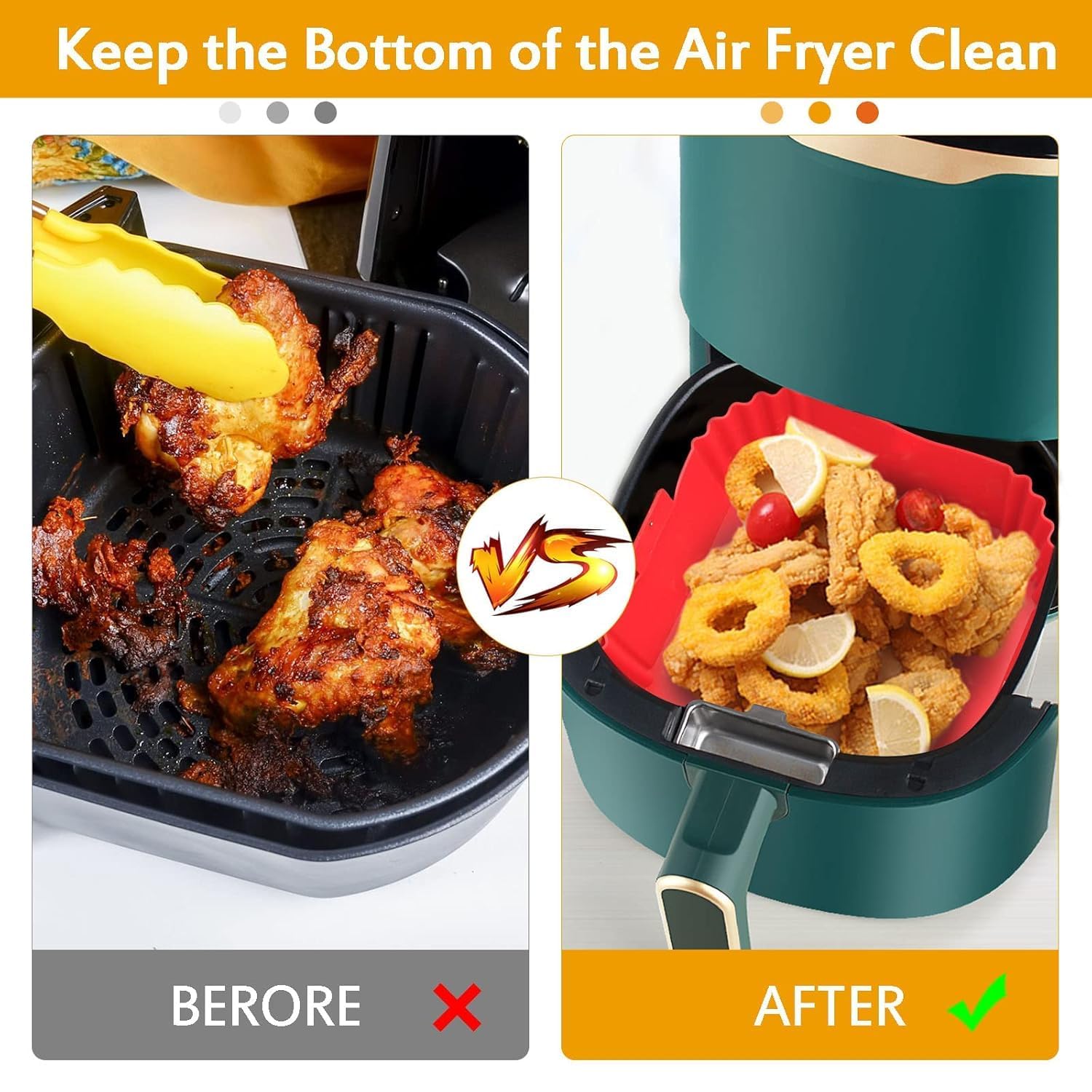 DRURI Reusable Non-Stick Silicone Air Fryer Liners with Handles - Square Food Grade Silicone Basket for Air Fryer Oven - Perfect for Cooking French Fries, Chicken Wings & Vegetables