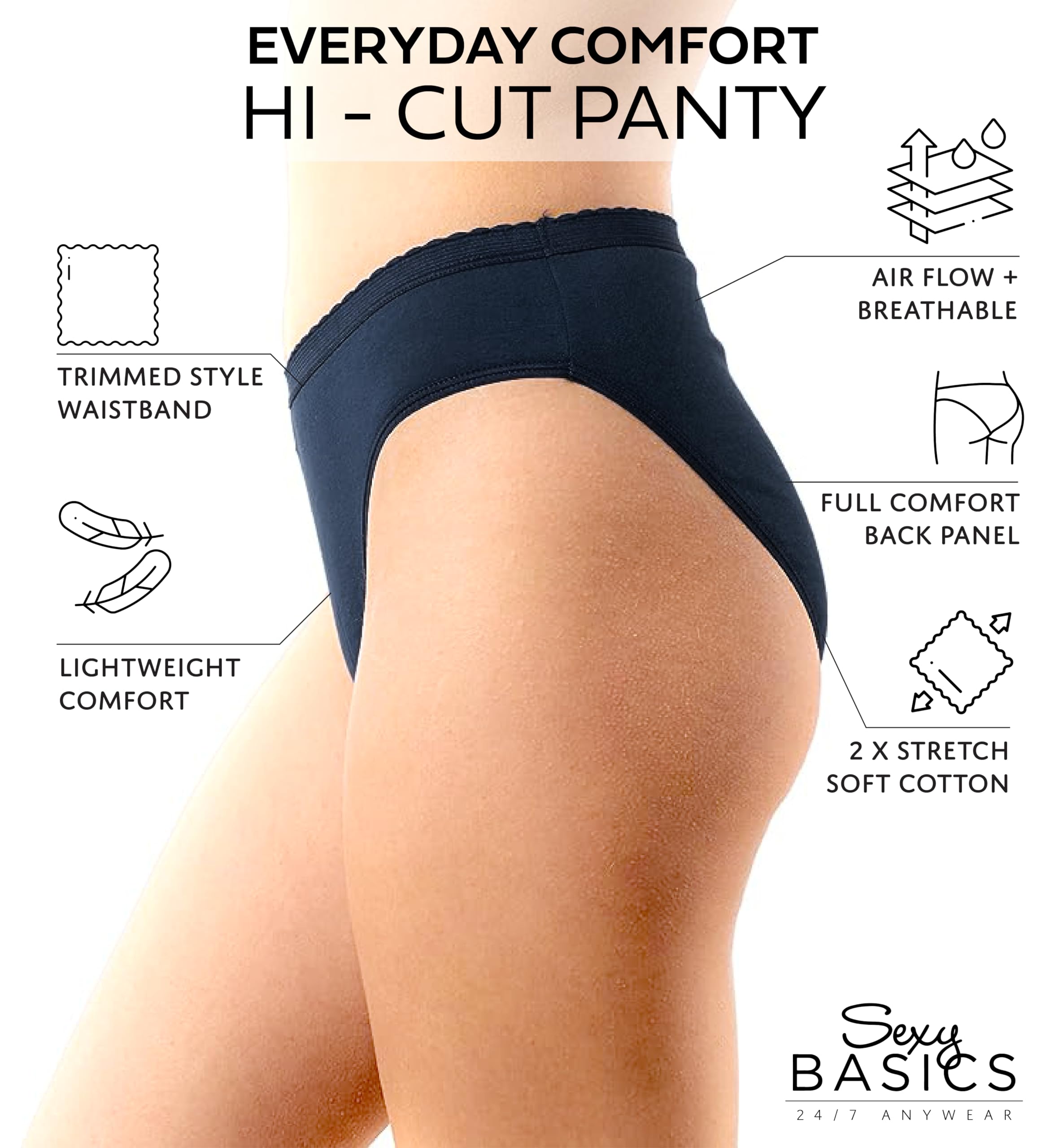 Sexy Basics Women's 12/18 Pack Cotton Bikini Briefs - High Cut Panties | 100% Soft Cotton Underwear for Everyday Comfort & Lounge Wear