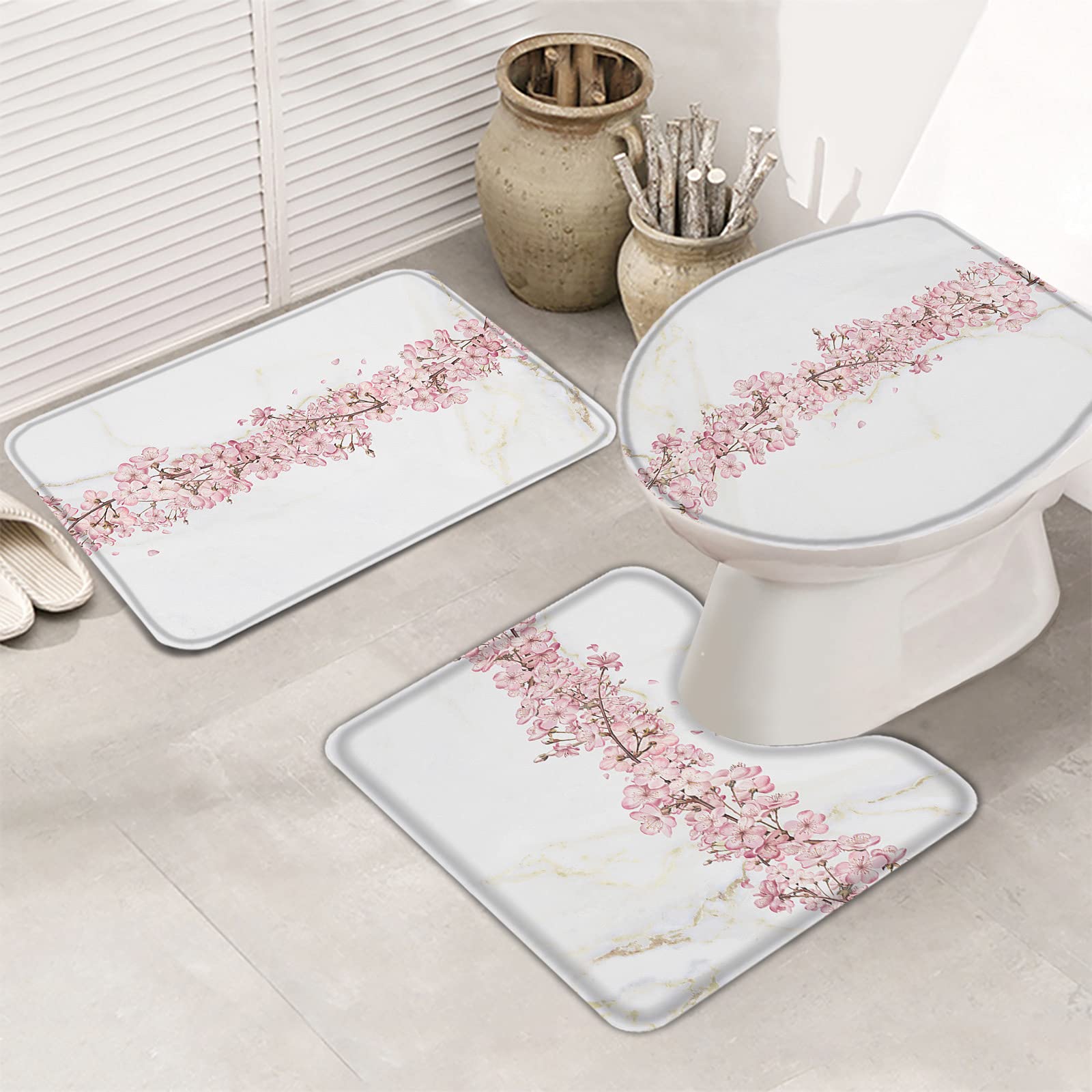 3-Piece Pink Peach Blossom White Marble Bathroom Rug Set - Non-Slip Absorbent Shower Mats with Toilet Lid Cover, Soft Contour Bath Mat for Safety & Comfort - Perfect for Modern Bathrooms & Spa-Like Home Decor