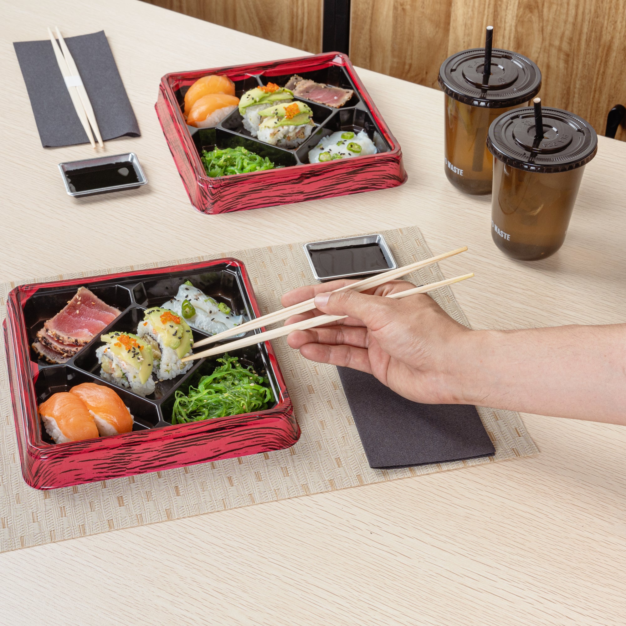 Bento Tek 19 oz Square Red and Black Plastic Bento Box with 5 Compartments | 8.5