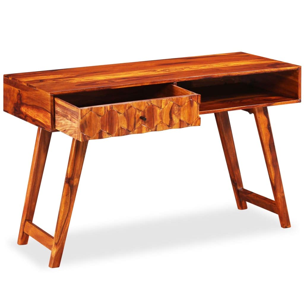 Solid Sheesham Wood Writing Desk - Compact Small Space Desk with Storage Drawers & Compartments (46.5