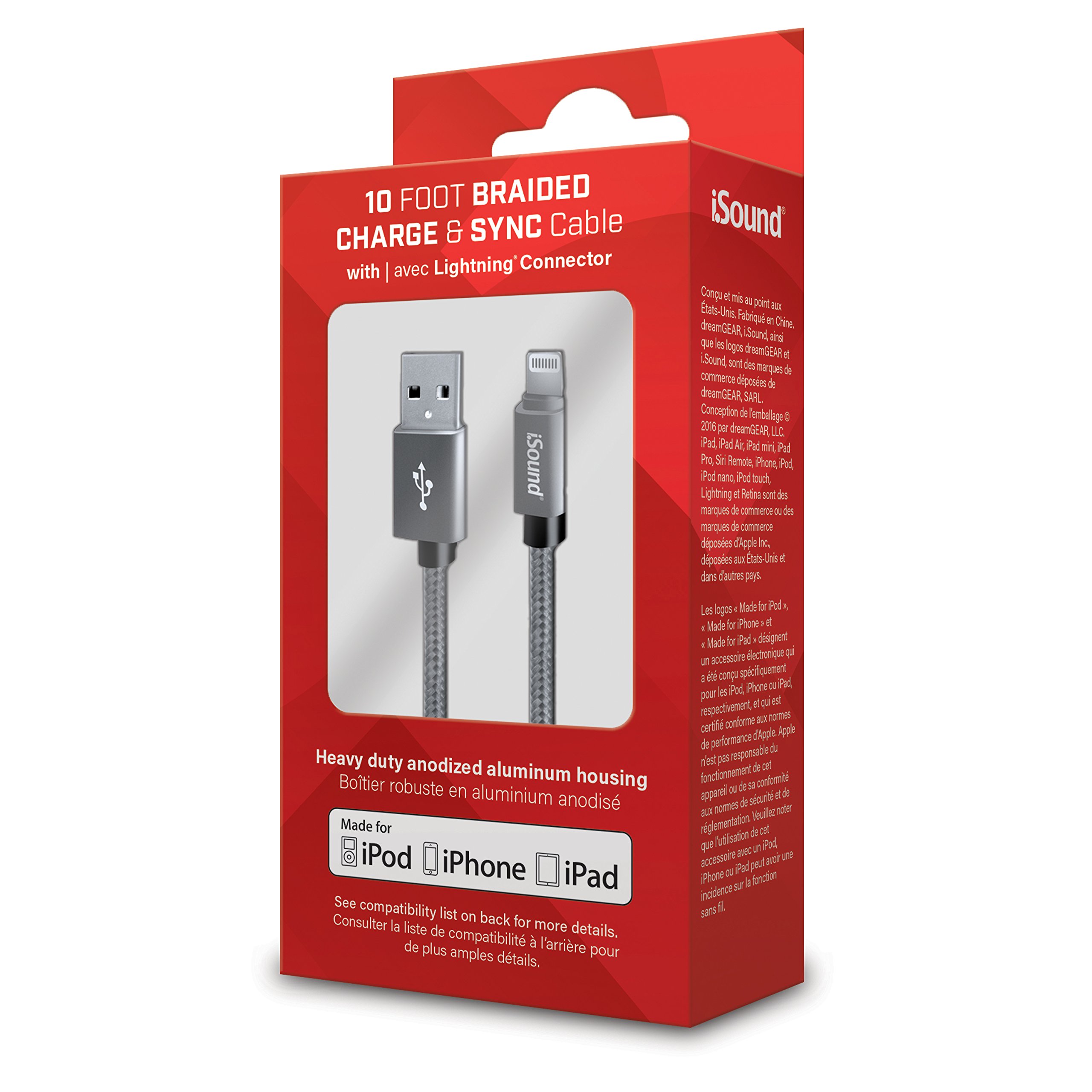 Apple Certified iSound 10ft Lightning Cable - Fast Charging & Sync Braided Cable for iPhone iPad (Silver) | Durable Long Charger Cord for Home, Office & Travel (ISOUND-5934)