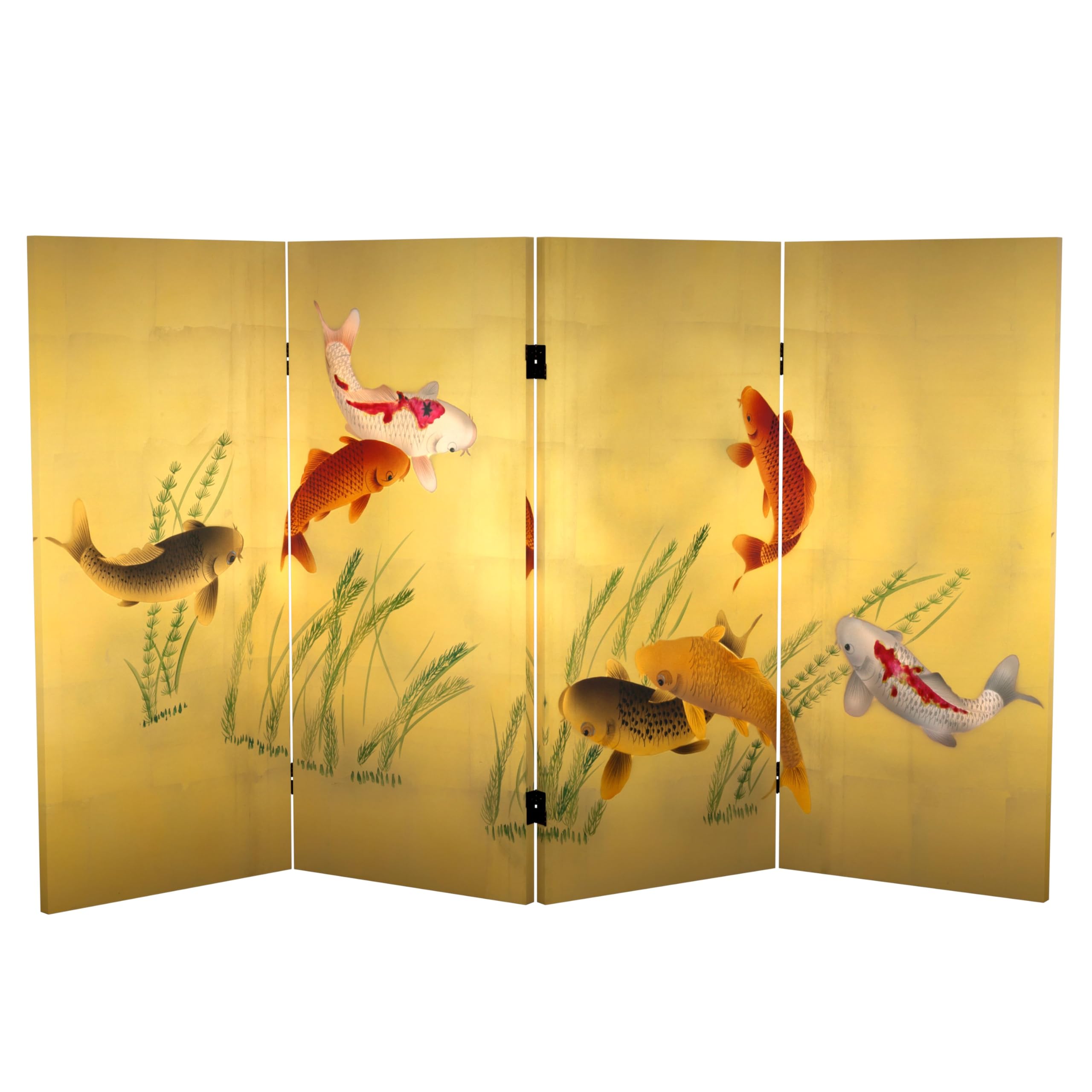 3 ft Red Lantern Short Double-Sided Seven Lucky Fish Canvas Room Divider - Asian Home Decor for Living Room, Bedroom & Office Partition