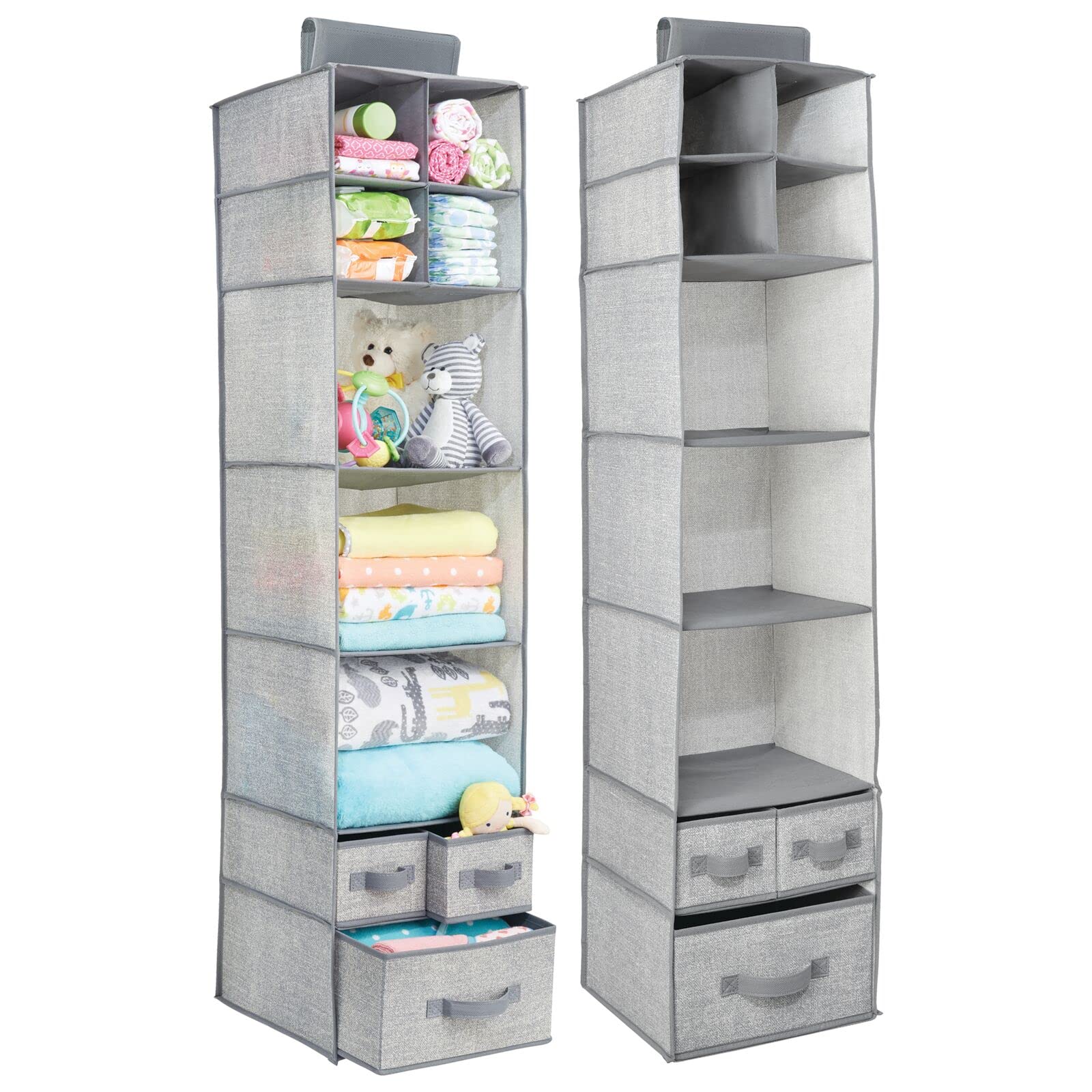 Fabric Hanging Organizer with 7 Shelves & 3 Drawers - Gray 2 Pack for Closet & Nursery Storage