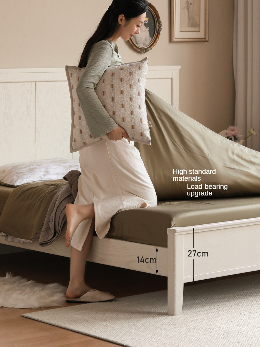 Solid Oak Wood High Headboard Full Size White Bed - American Style Bedroom Furniture for Master Bedroom & Guest Room Decor