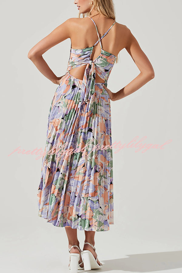 Floral Print Pleated Midi Dress with Back Tie Detail - Perfect for Wedding Parties, Bridal Showers & Summer Events