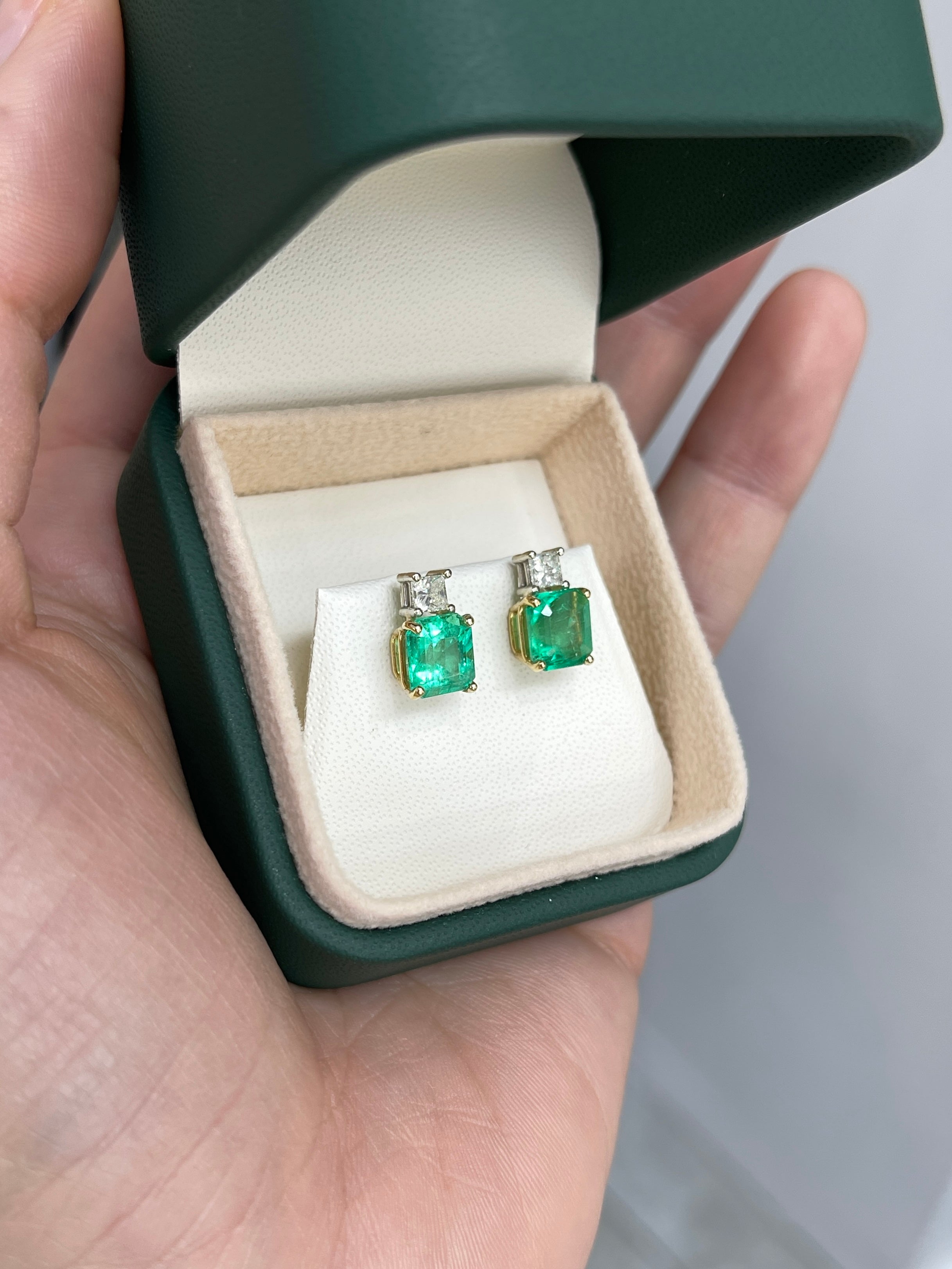3.10tcw GIA Certified Colombian Emerald & Princess Cut Diamond Earrings in 18K Two-Tone Gold – Perfect for Weddings, Anniversaries & Special Occasions