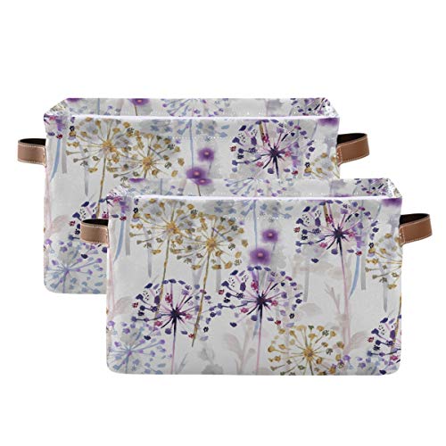 Watercolor Dandelion Flower Storage Baskets - Large Collapsible Fabric Organizer Bins with Handles (2-Pack) | Foldable Laundry Hamper & Toy Storage for Closet, Nursery, Shelves | Perfect for Home Organization & Kids Room Decor
