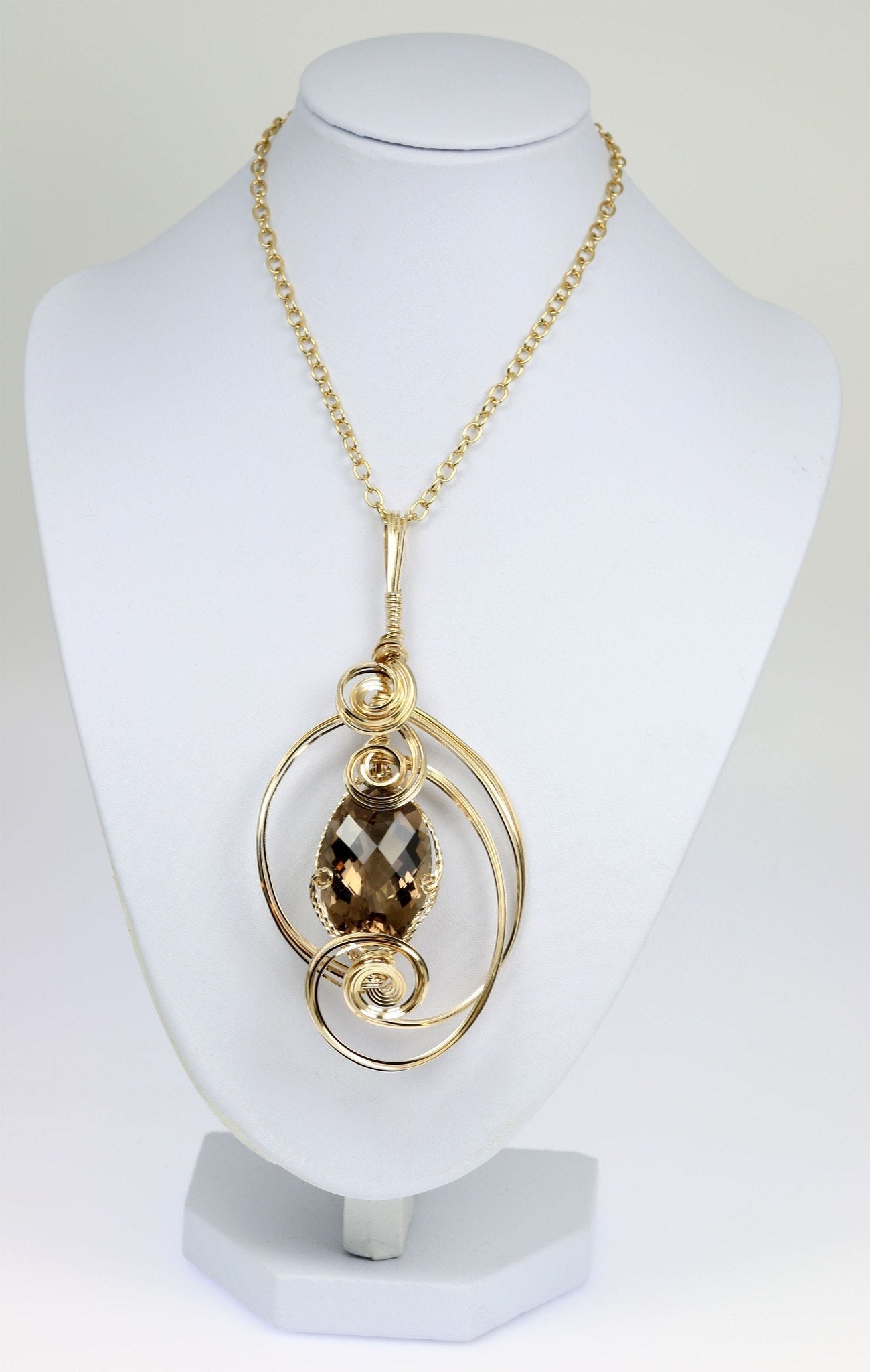 65 CT Smoky Quartz 14K Gold Filled Wire Wrapped Pendant Necklace - Elegant Handmade Jewelry for Women, Perfect for Gifts, Weddings & Special Occasions