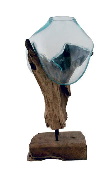 OMA Hand Blown Molten Glass & Teak Wood Vase Sculpture - Modern Terrarium Plant Stand with Recycled Glass & Solid Wood - Large Home Decor for Living Room, Office & Wedding Centerpiece