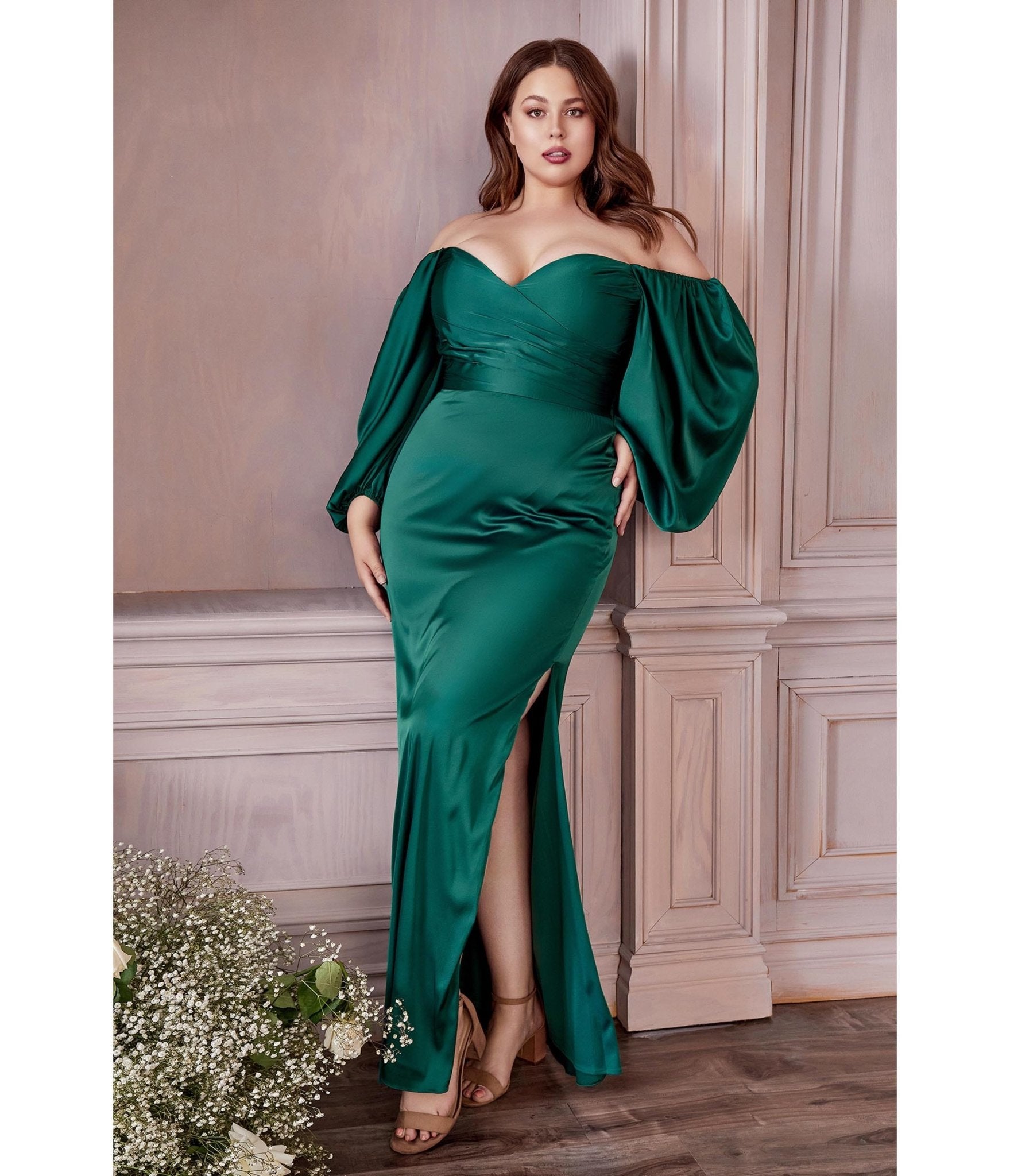 Cinderella Divine Plus Size Emerald Green Satin Long Sleeve Bridesmaid Dress - Elegant Formal Gown for Weddings, Prom & Special Occasions