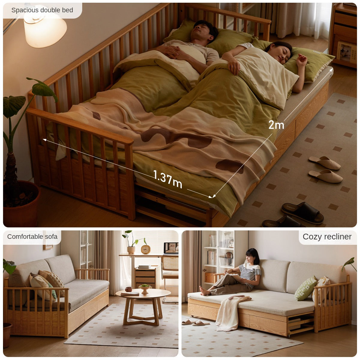 Solid Oak Wood Storage Sofa Bed - Convertible Sitting & Sleeping Furniture for Small Spaces, Living Room, Guest Room & Apartments
