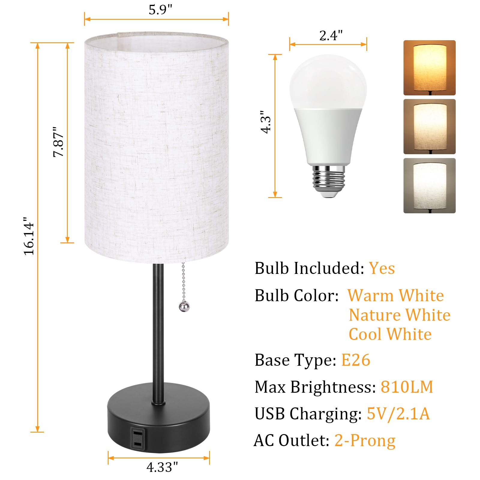 Dott Arts Set of 2 Modern Bedside Table Lamps with 3 Color Temperature Modes (2700K-5000K) & Built-in AC Outlet - Nightstand Lamps for Bedroom, Living Room, Office & Reading Nook - Perfect for Relaxation, Reading & Ambient Lighting