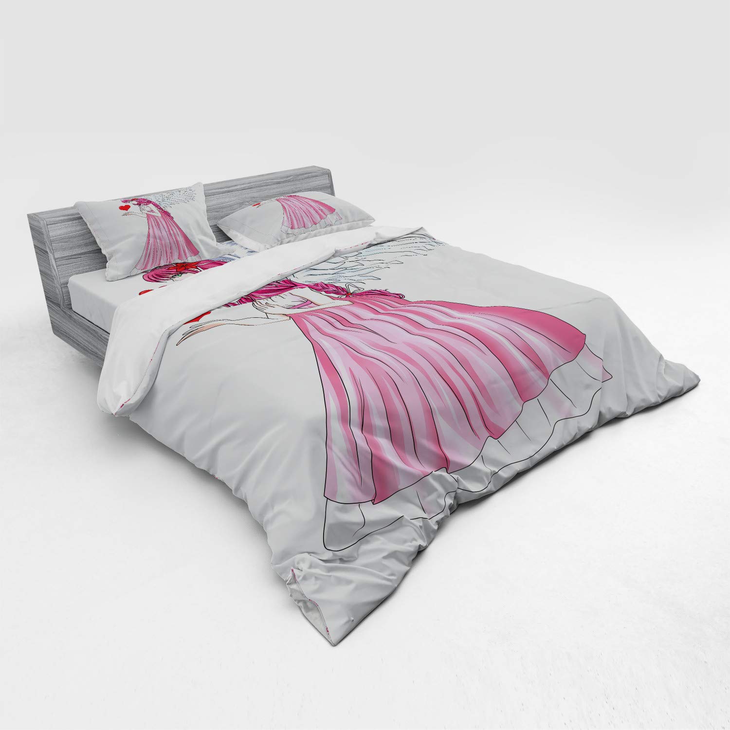 Ambesonne Anime Duvet Cover Set - Pink Dress Angel Character Holding Heart, 4-Piece Bedding Set with Shams & Fitted Sheet, King Size in Pink Red White | Valentine's Day Gift, Romantic Bedroom Decor for Anime Fans