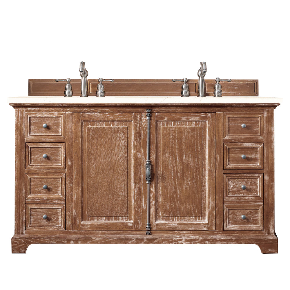 Providence 60 Inch Double Vanity Cabinet in Driftwood Finish with 3CM Eternal Marfil Quartz Top - Perfect for Modern Bathroom Renovations & Master Suite Upgrades