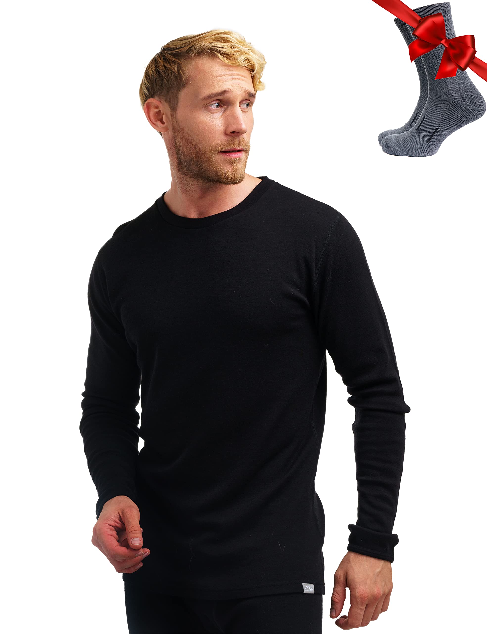 Premium 100% Merino Wool Base Layer for Men - Lightweight, Midweight & Heavyweight Thermal Long Sleeve Shirts with Hiking Socks - Ideal for Hiking, Camping & Winter Outdoor Activities