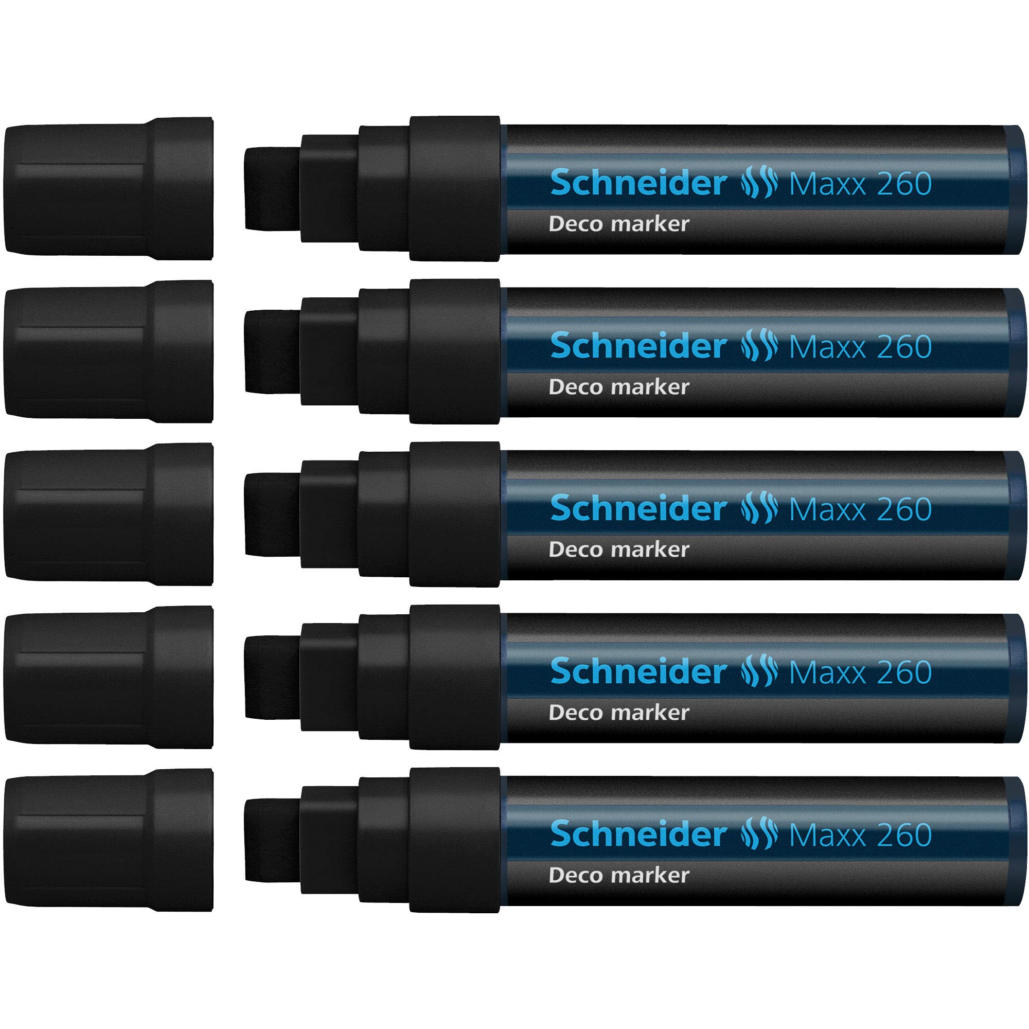 Schneider Maxx 260 Black Chalk Markers - 5 Pack for Whiteboards, Glass, Chalkboards & Signs - Non-Toxic, Vibrant & Erasable