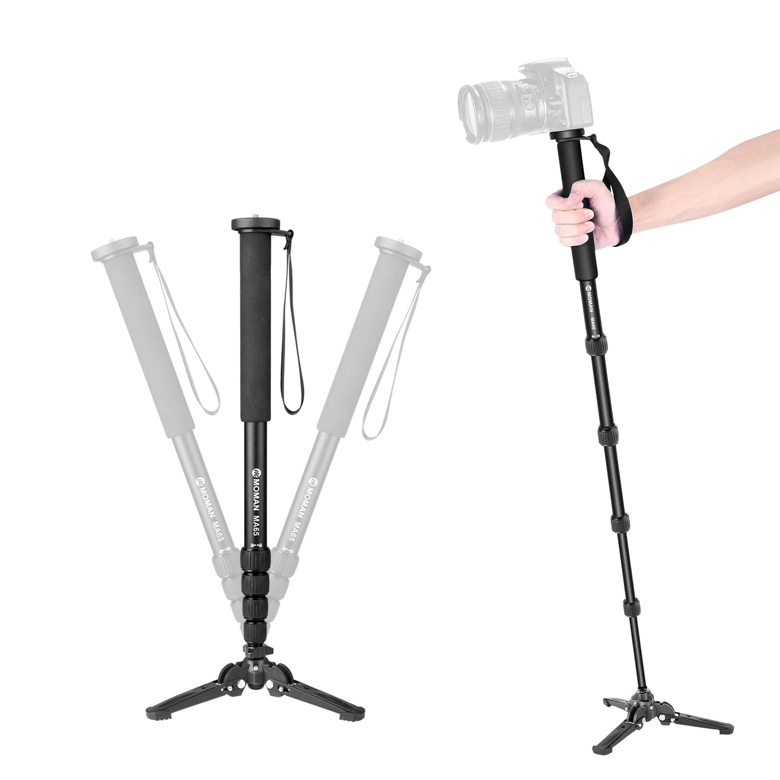 Portable Aluminum Camera Monopod - Moman MA65 Extendable Travel Monopod with Tripod Base for DSLR Cameras (Max Load 22 lbs) | Perfect for Travel, Vlogging & Outdoor Photography